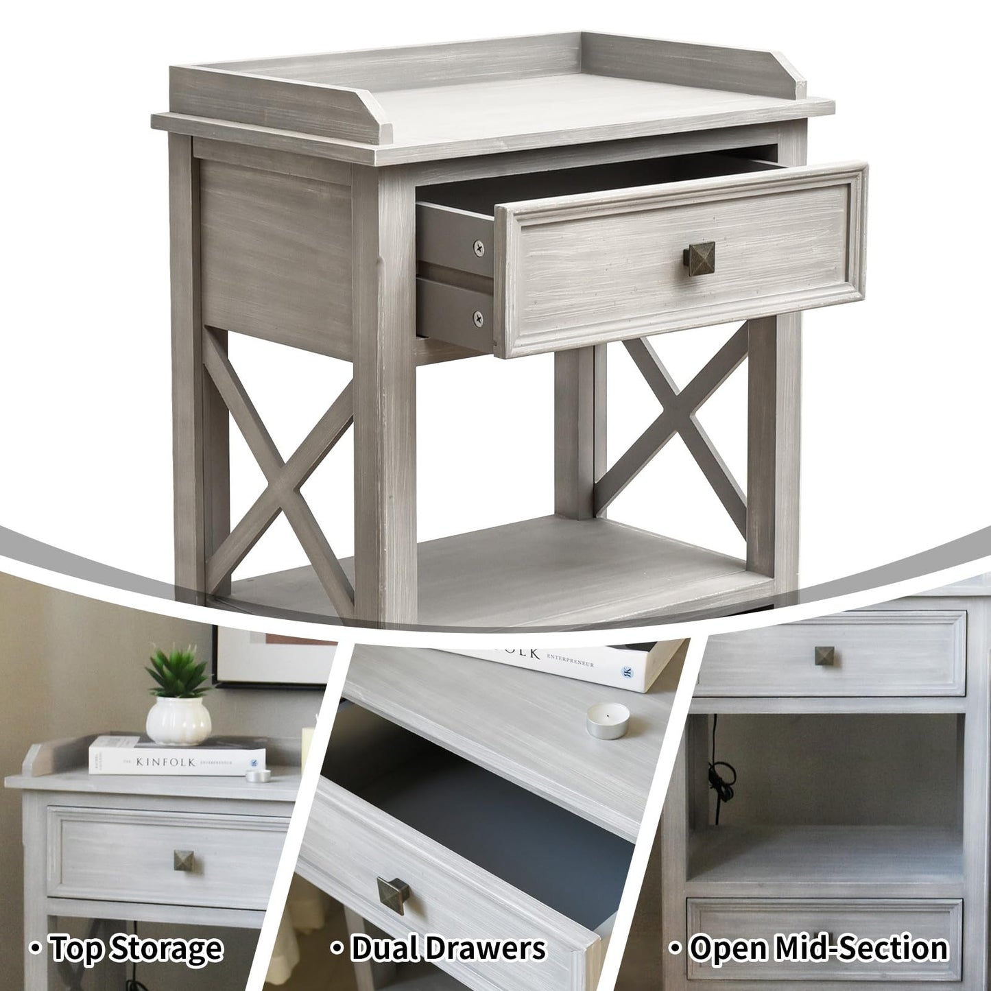 Light Gray Wooden Side Table. with 2 Drawers and an Open Shelf, USB Charging Ports Included. Ideal for Living Rooms by Sofas Or Bedrooms Near Beds for Storage and Convenience (Gray)