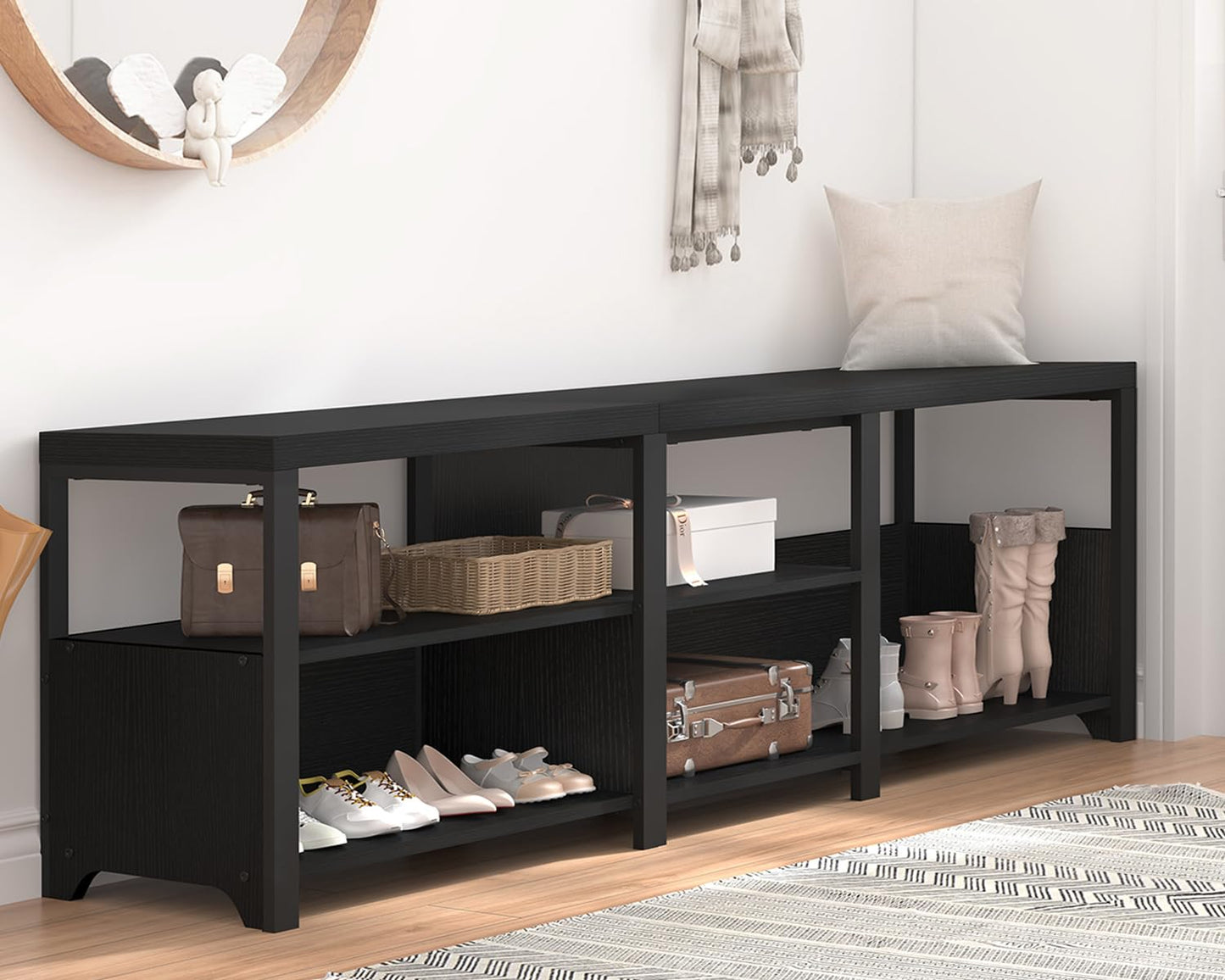 HSH Black Bench, 57” Long Entryway Bench with Shoe Storage, Corner Convertible Storage Bench with Shelf for Foyer Entrance, Wooden Metal L Shaped Shoe Rack Benchs for Bedroom Living Room, Black Oak