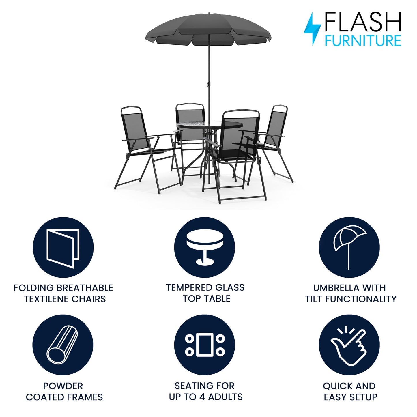 Flash Furniture Nantucket 6-Piece Patio Dining Set with Glass Table, 4 Folding Chairs, and Umbrella, Outdoor Patio Set, Black