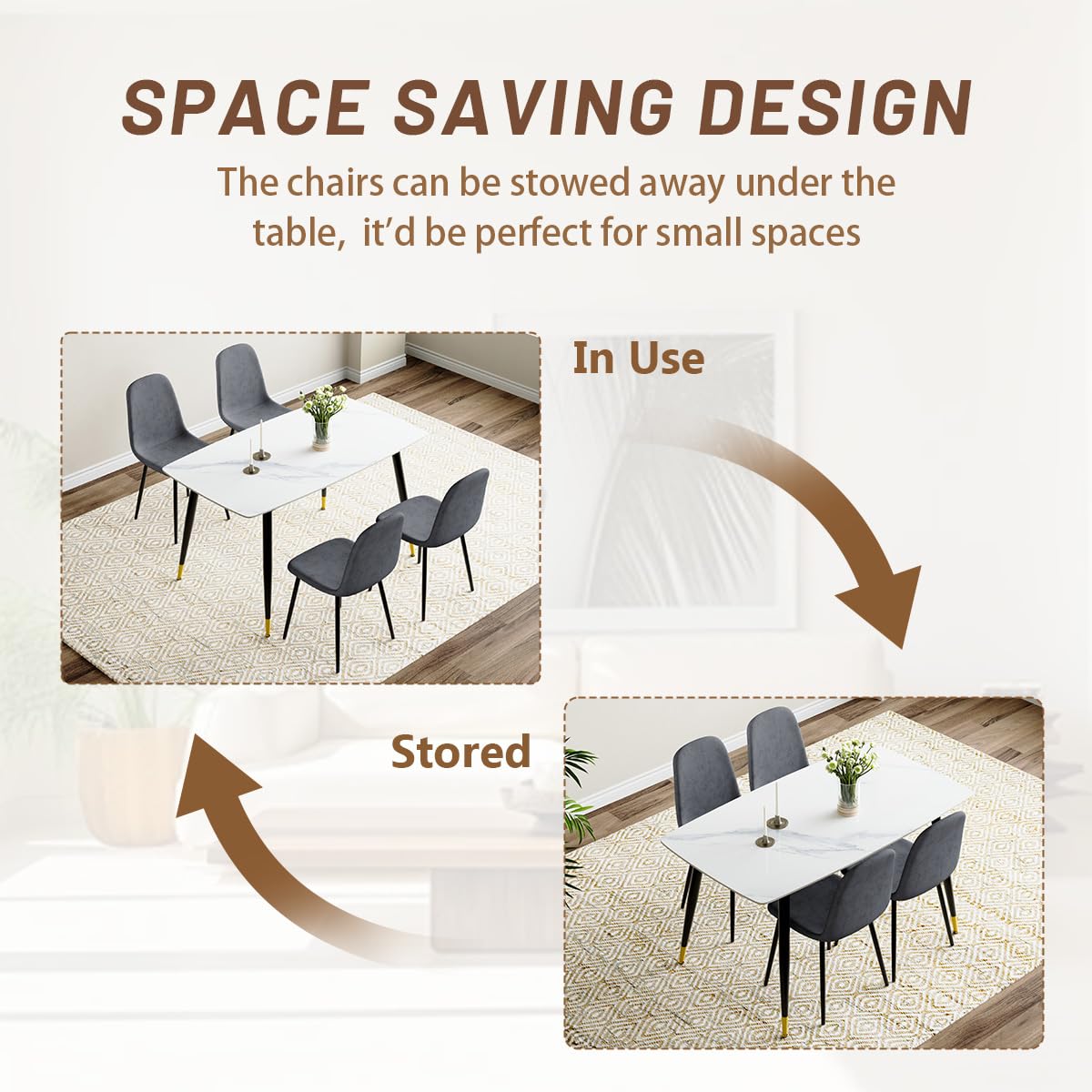 UELKS 5 Piece Dining Table Set,4 Chair Dining Table Set, Sintered Stone Kitchen Table Top and Modern Chairs Set of 4 for Kitchen Dining Room, Small Space