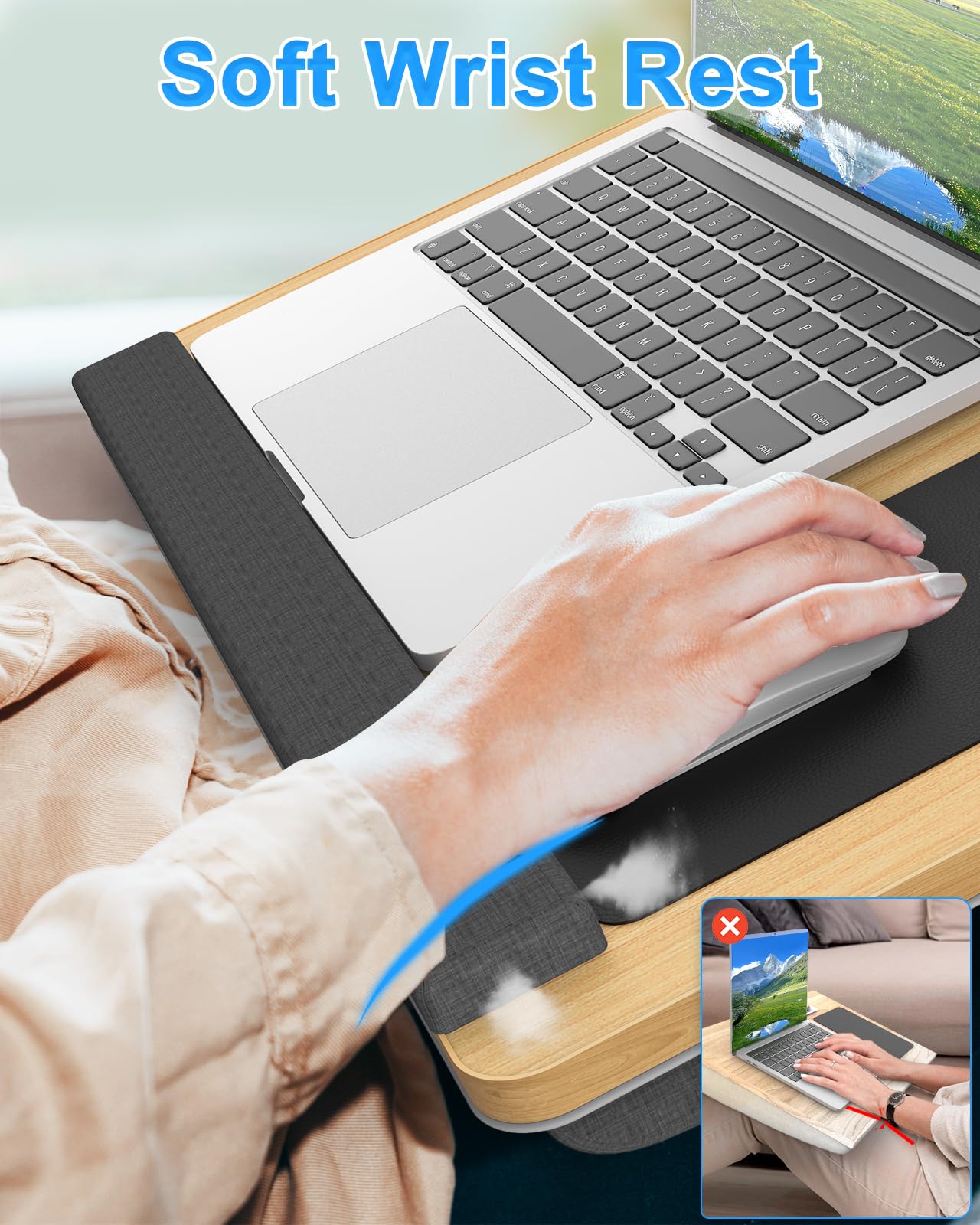 HETTHI Laptop Lap Desk, Portable Large Laptop Desk for Bed, Up to 17 in Lap Table with Wrist Rest, Mouse Pad, Tablet Phone Slot, Portable Handle, Cushion (Light Brown)