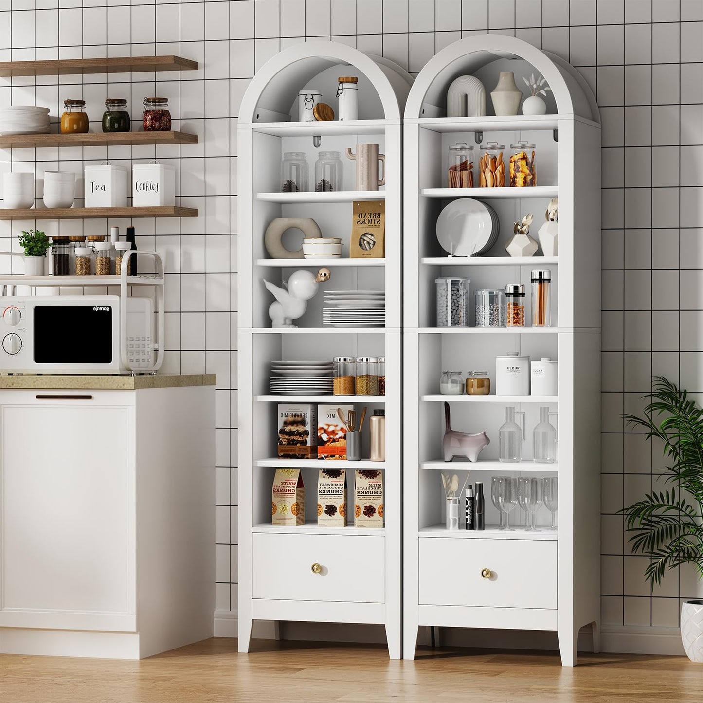 Seeday 71" Tall Narrow Arched Bookshelf, 8-Tier White Arched Bookcase with Adjustable Shelves & Drawer, Modern Open Book Shelf for Living Room, Bathroom, Kitchen, White
