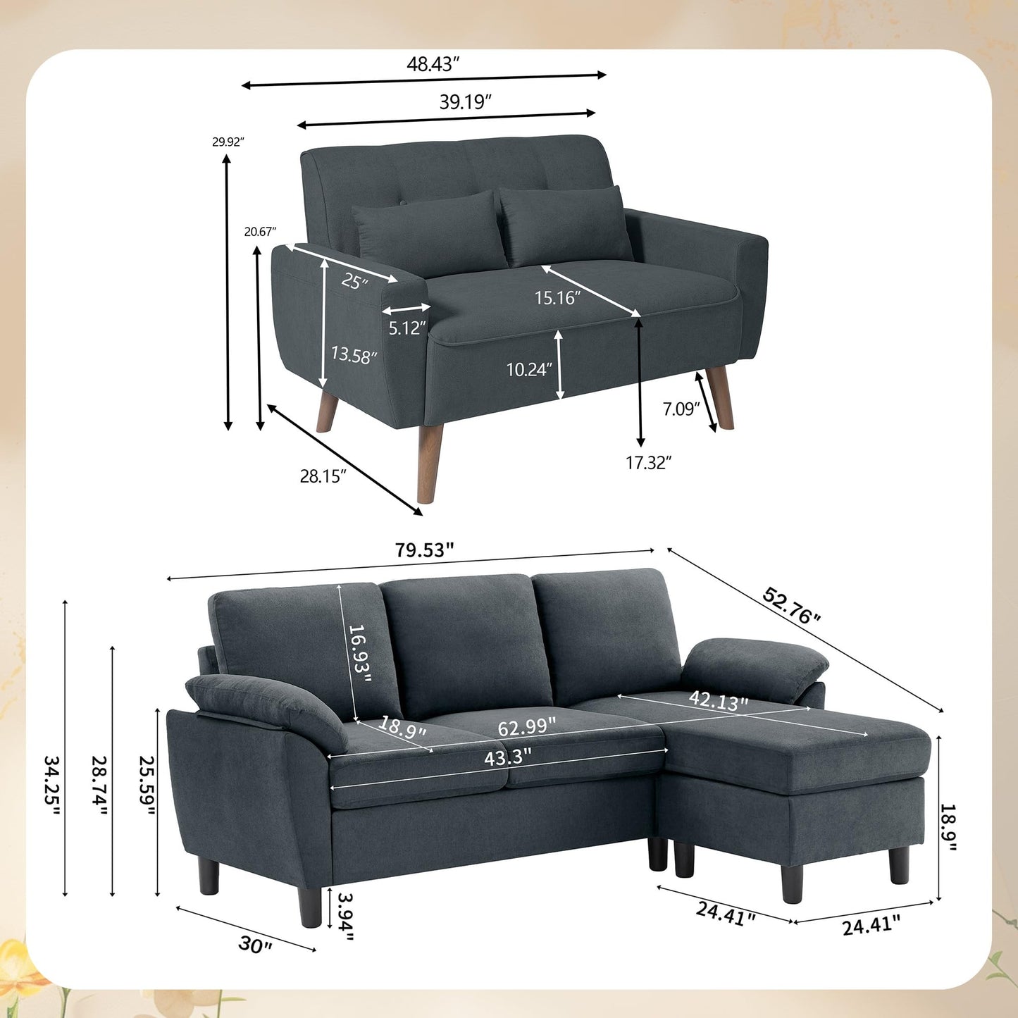 Jarenie 79" Convertible Sectional Sofa Sets, Modern L Shaped 3-Seat Couches with Reversible Chaise and Loveseat Sets for Living Room, Apartment, Dark Grey