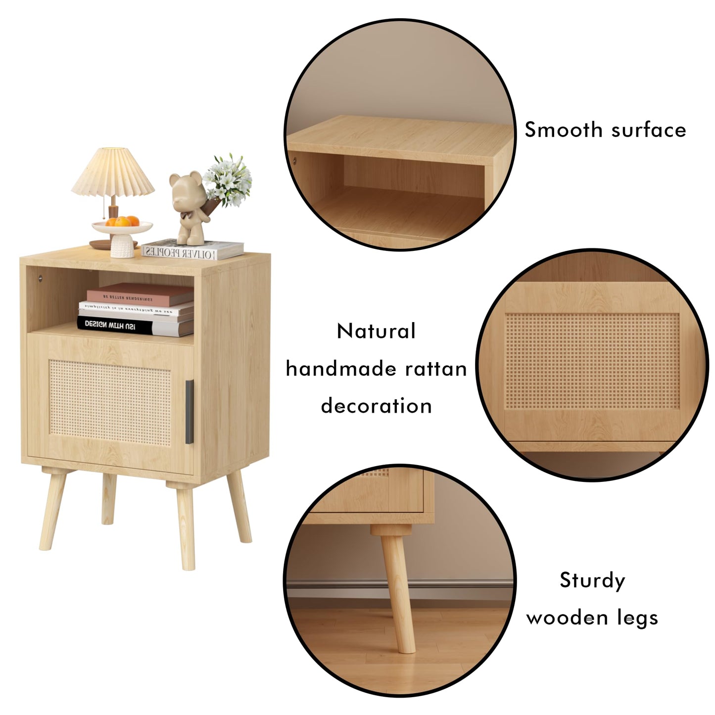SweetGO corporation Rattan Nightstand, Side Table with Door Open Shelf, Accent Bedside End Table with Solid Wood Legs for Bedroom, Dorm and Small Spaces