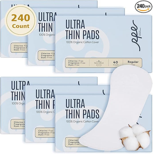 100% Organic Panty Liners for Women-240ct, Ultra Thin Cotton Cover, Regular Pantiliners, Light Absorbency, Unscented Barely There Pantie Liners (Regular Liner, Size 1, 240ct)