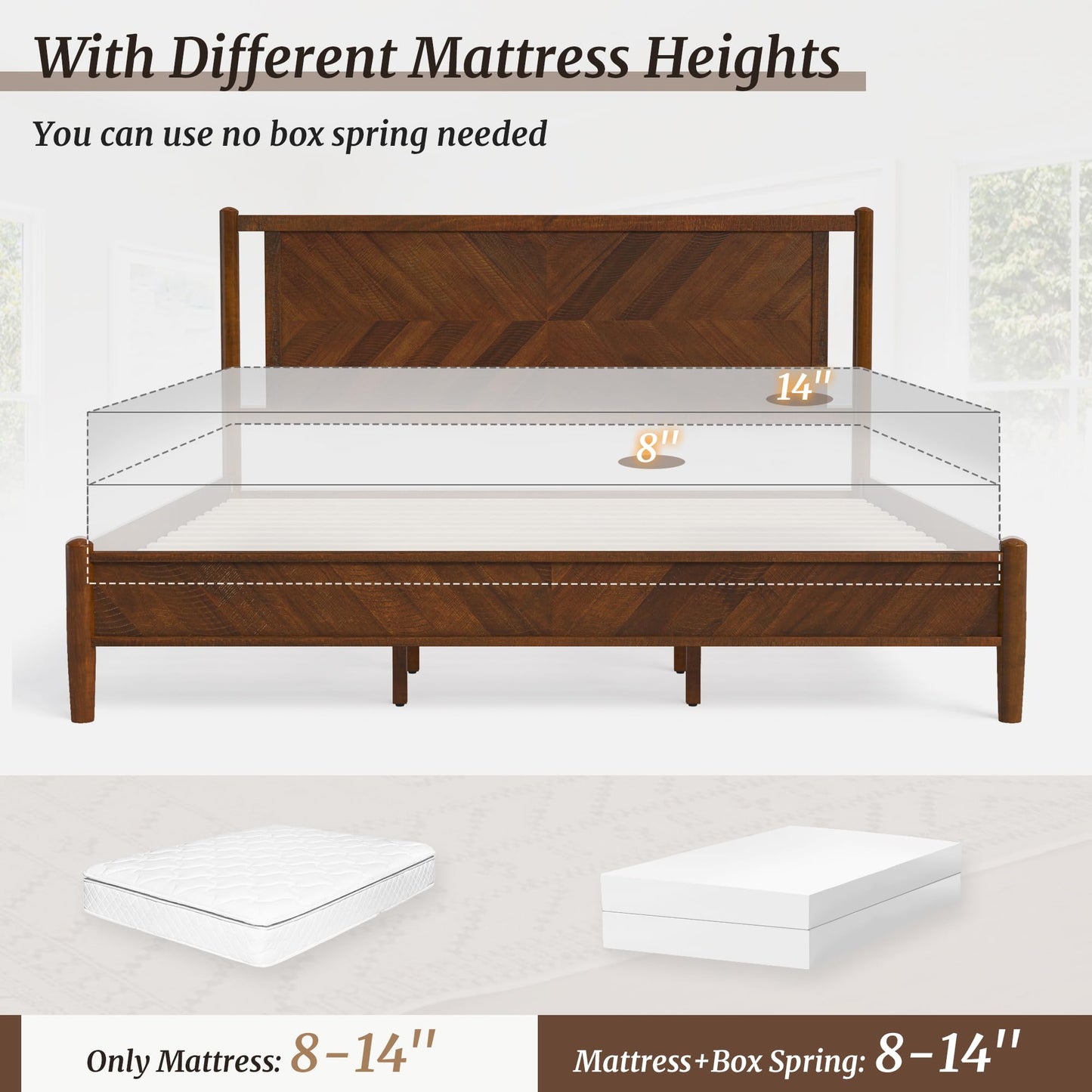 Cozyman Bed Frame King Size and Headboard, Acacia Wood, No Box Spring Needed, Herringbong Pattern, 800 lbs, Non-Slip Without Noise, Walnut