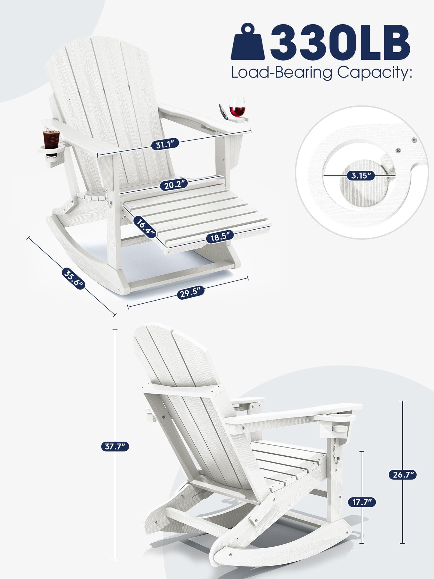 KINGYES Adirondack Rocking Chair with Retractable Ottoman and Cup Holders, HDPE Adirondack Rocker Patio Rocking Chair for Porch, Patio, Balcony, White