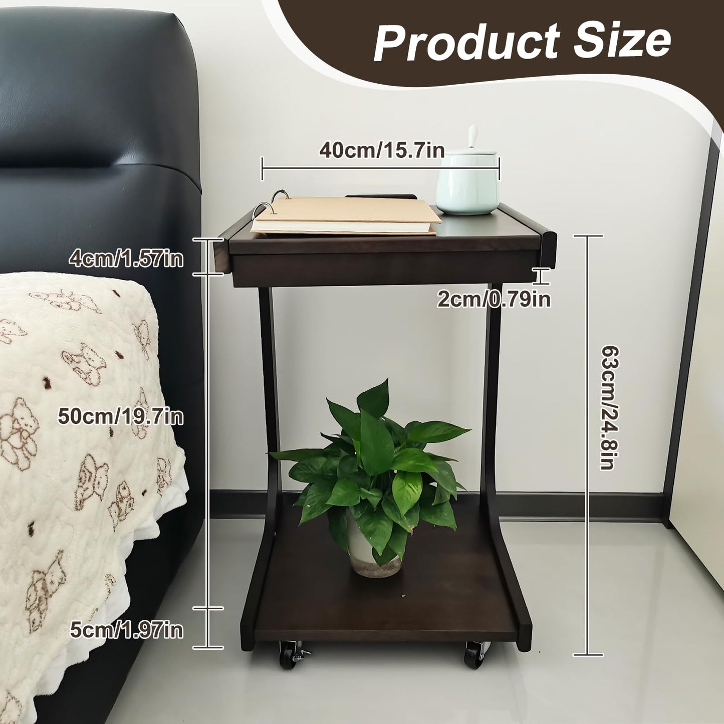 Solid Wood C Shaped End Table,Wooden Side Tables for Couch with Rolling Wheels, Adjustable Desktop TV Tray Table for Narrow Living Rooms Bedrooms & Small Spaces - Compact Sofa sode & Bedside Tables