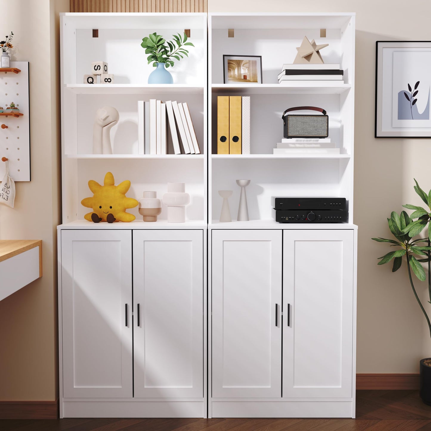 DIYART 5 Tier Bookcase with Doors & Cabinet, 75" Tall Large Wood Bookshelf for Living Room, Office, Library, White Storage Display Shelf with Adjustable Shelves