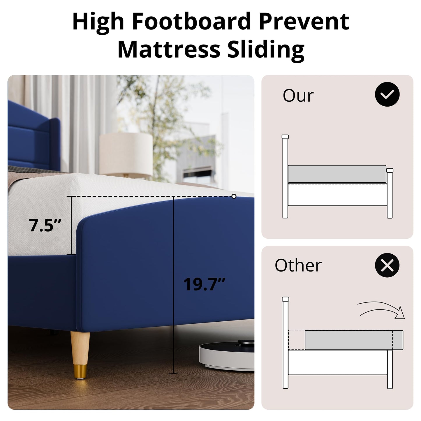 Cozy Castle Queen Size Bed Frame 50.4" High Wingback Headboard Velvet Upholstered Bed/No Box Spring Required/Wood Slat Support/Easy Assembly (Navy Blue)