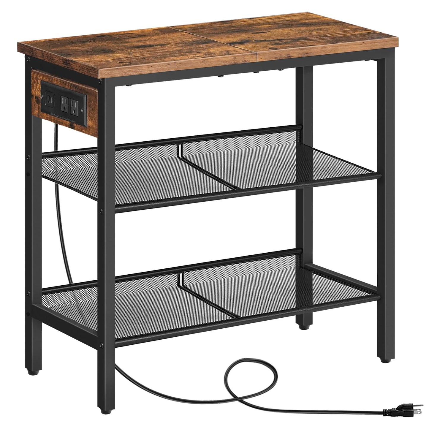 HOOBRO End Table, 3-Tier Narrow Side Table with Charging Station, Nightstand with 2 Flat or Slant Adjustable Shelves for Small Spaces, Living Room, Bedroom, Rustic Brown and Black BF23UBZ01G1