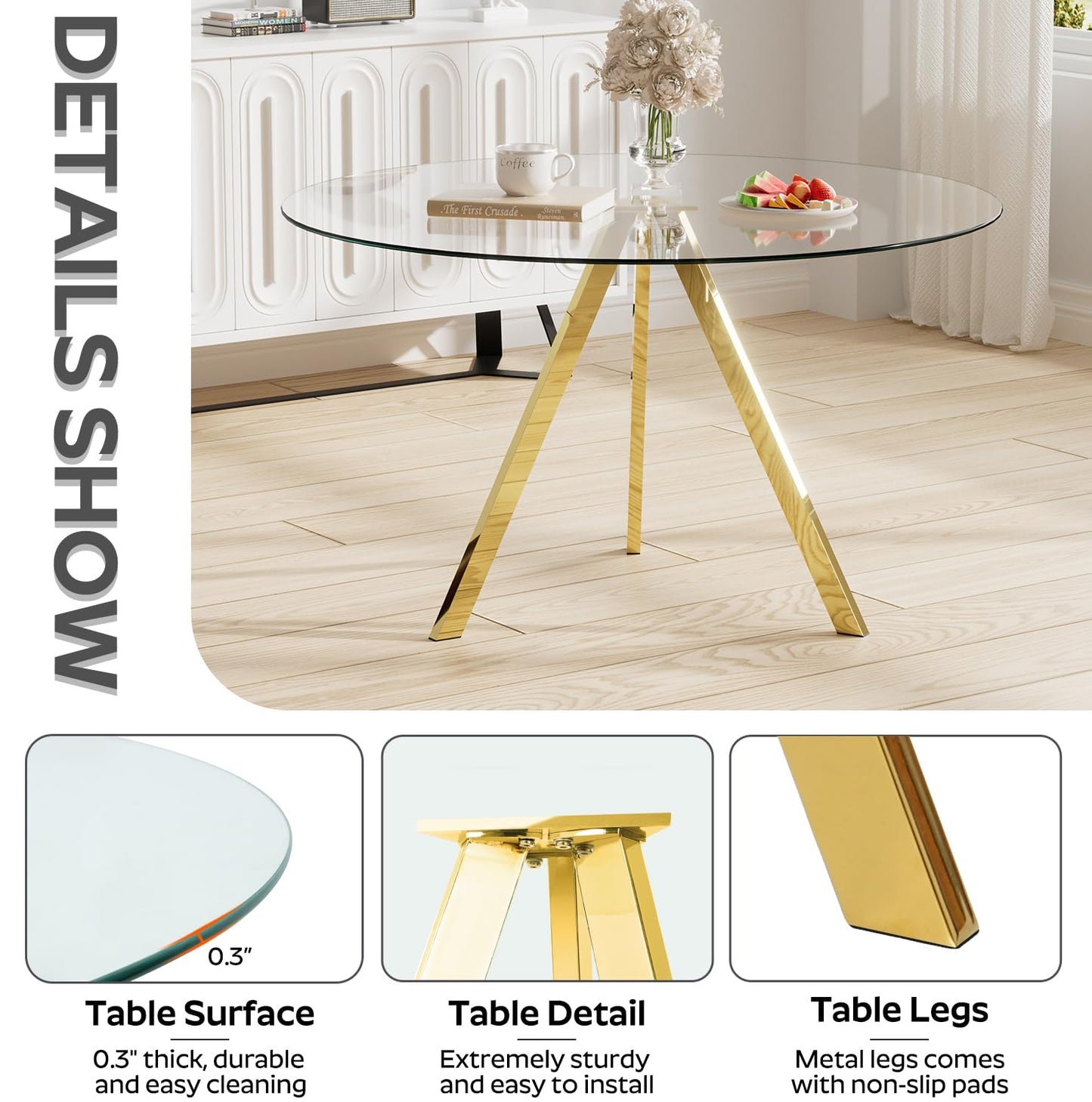SIZOTA Round Dining Table for 4, 39" Modern Glass Dining Table, Leisure Coffee Table, Kitchen Circle Dinner Table, Saving Space(Gold)