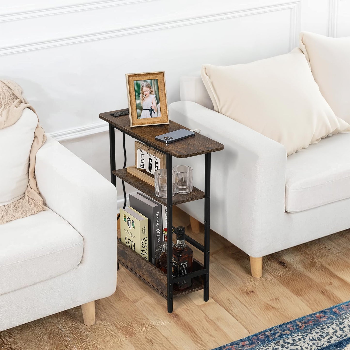 Narrow Side Table with USB-C Charging Station, 3-Tier Slim End Table with Magazine Holder, Modern Side Table for Couch or Small Spaces, Skinny Nightstand for Living Room or Bedroom