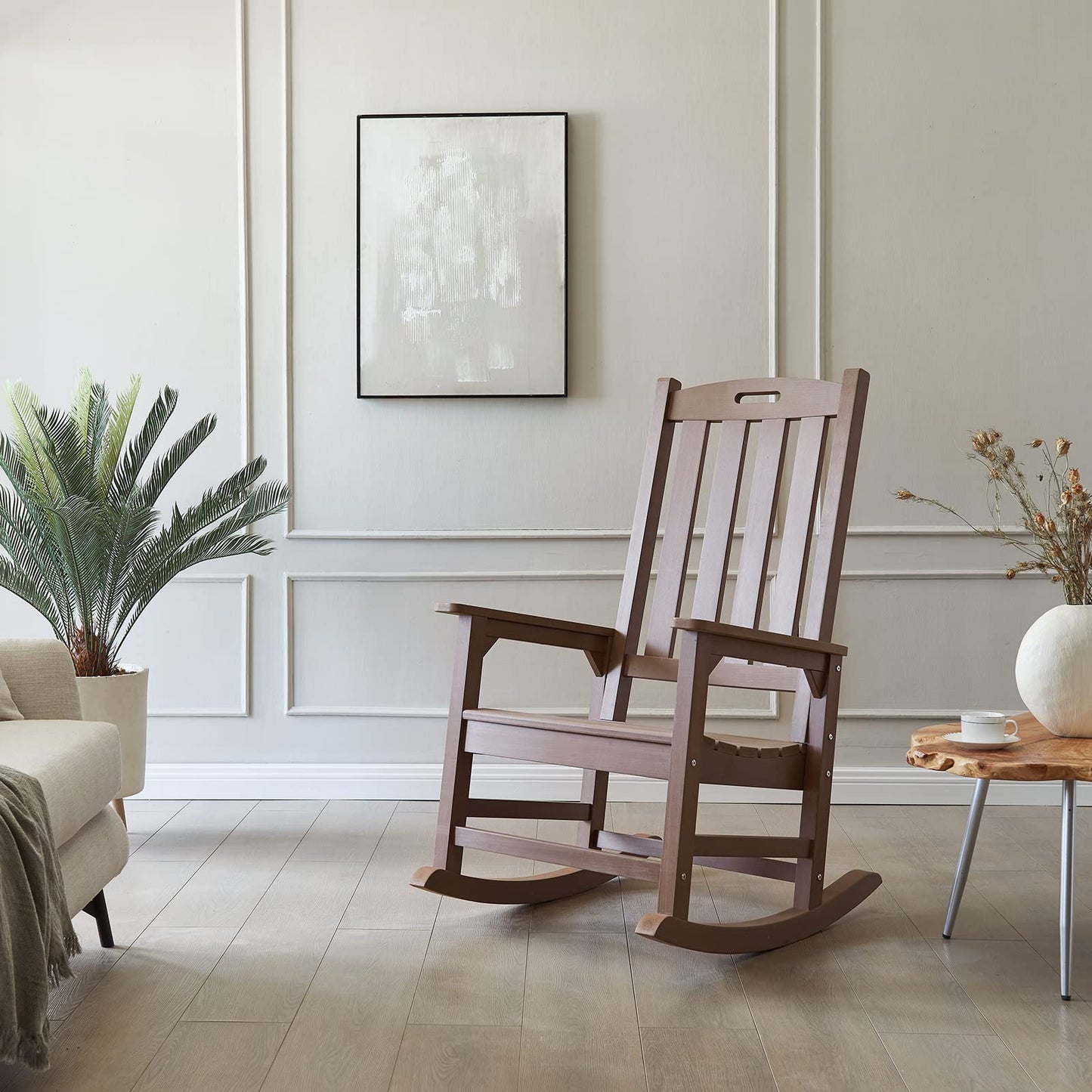Psilvam Oversized Outdoor Rocking Chair, with 21" Wide Seat and 32" Tall Backrest, Pre-Assembled with Most Components for Effortless Installation (Brown)
