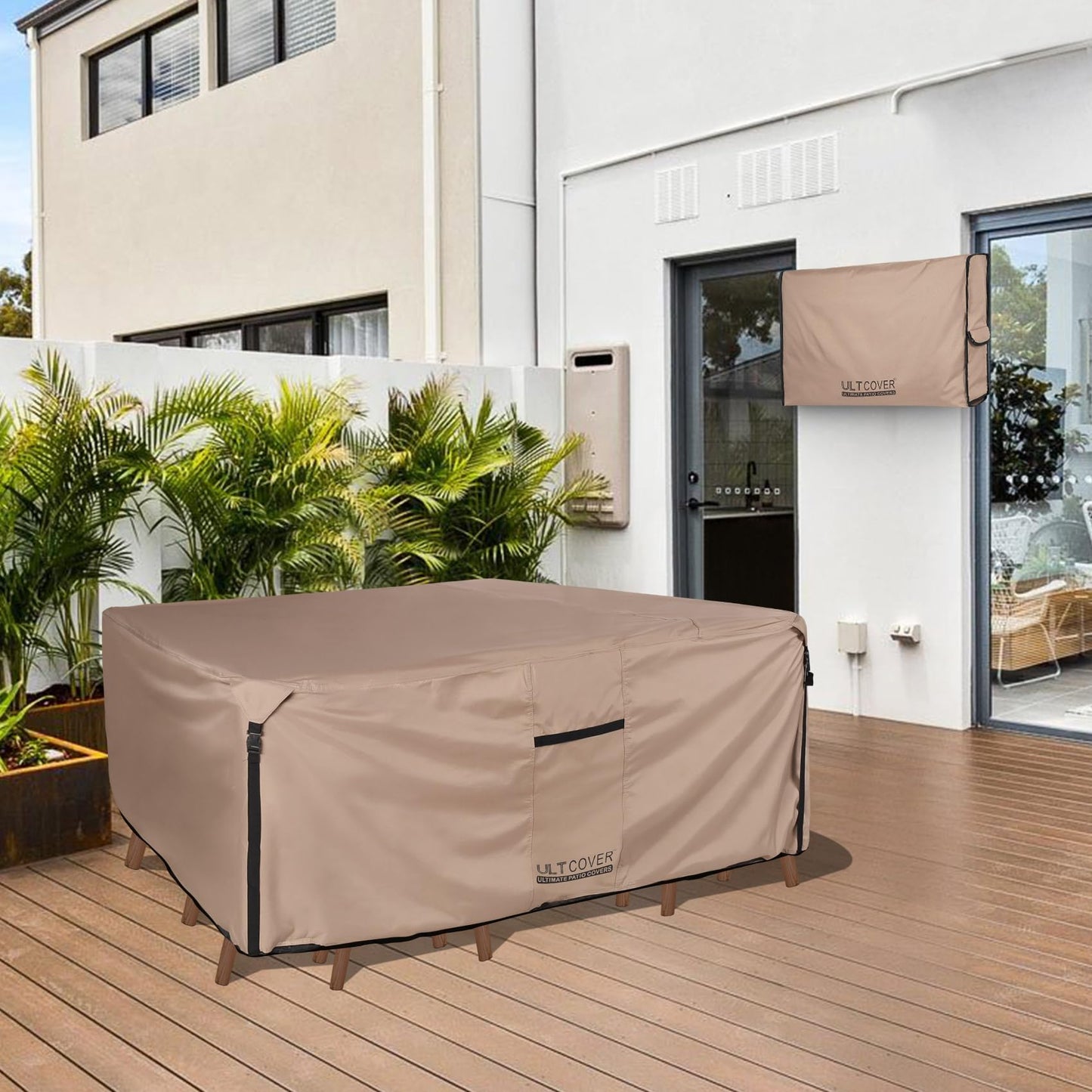 ULTCOVER Rectangular Patio Heavy Duty Table Cover - 600D Tough Canvas Waterproof Outdoor Dining Table and Chairs General Purpose Furniture Cover Size 136L x 74W x 28H inch