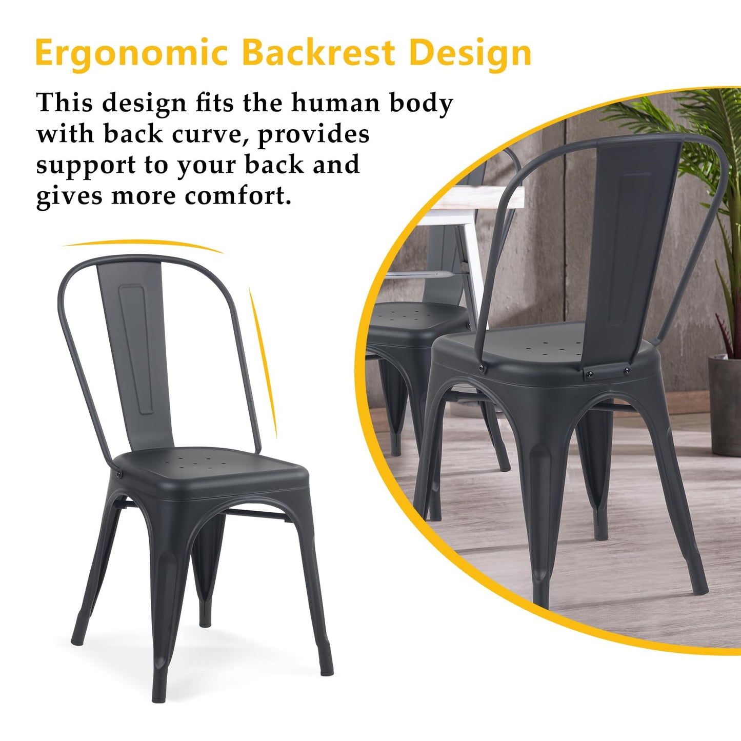 YOUNIKE Metal Dining Chairs Set of 4 Iron Stackable Removable Back Cafe Side Patio Chairs Rubber Feet Stylish Modern Indoor Outdoor Classic Chic Industrial Vintage Bistro Kitchen Matte Black