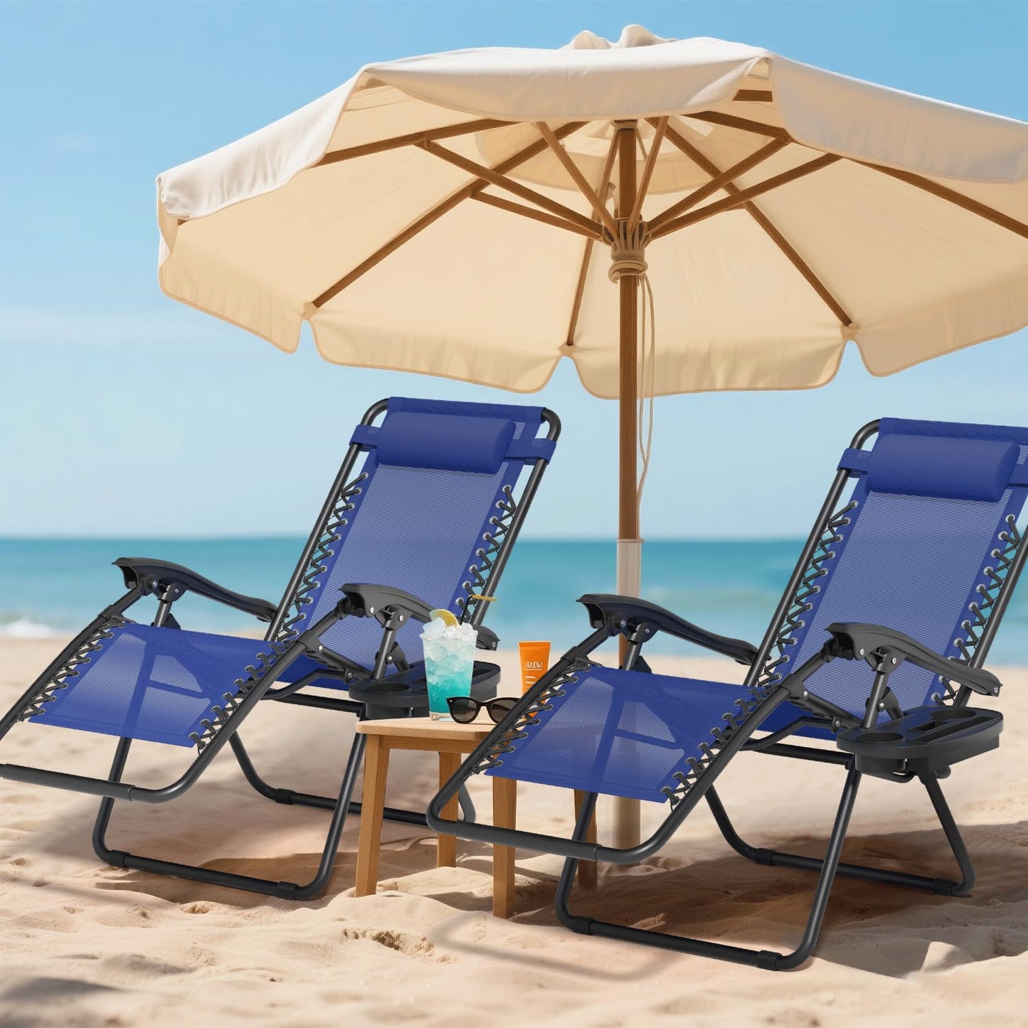 SFIHOME Zero Gravity Chair, Portable Outdoor Chair, Reclining Patio Lounge Chair with Adjustable Pillow and Cup Holder Trays for Outdoor, Patio, Beach, Camping, Garden, Poolside, 2 Pack, Blue
