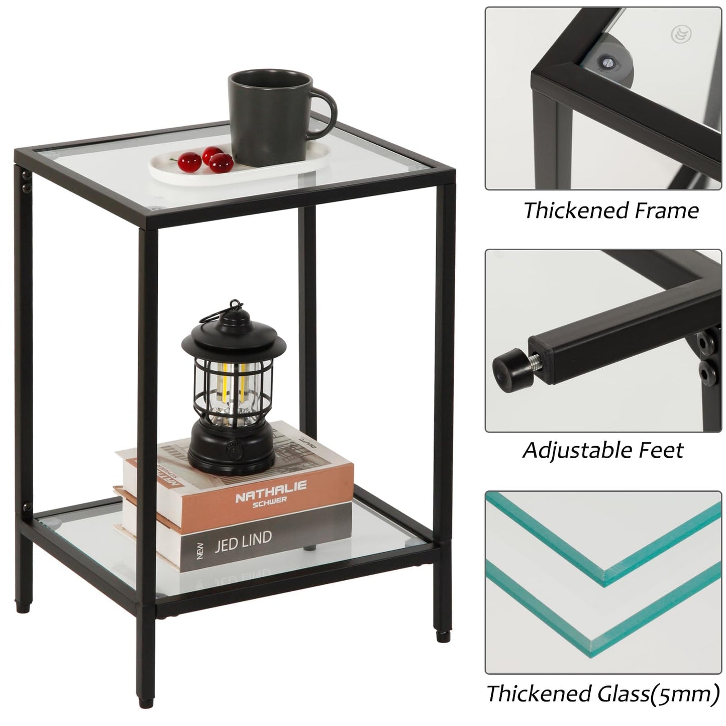 Gawicpy Modern 2-Tier Tempered Glass End Table - Stylish Black Metal Side Table for Small Spaces, Perfect for Living Room & Bedroom (Black, 2PCS)