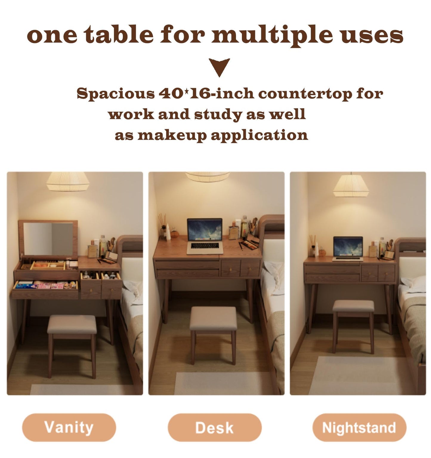KungFuWood Makeup Vanity Desk with 3 Lighting Modes, Solid Wood Vanity Desk with Mirror Dressing Table Set 4 Drawers,Space-Saving Vanity for bedrooms(walunt)