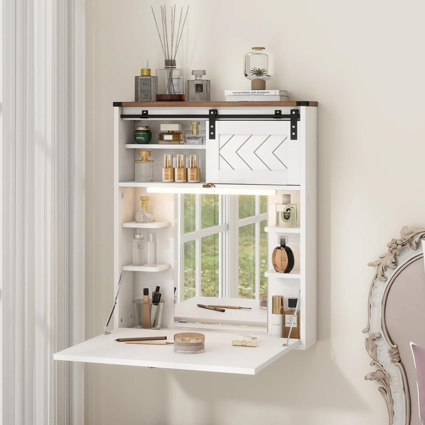 ARTETHYS Floating Vanity Desk with Mirror and Lights Small Wall Mounted Makeup Set with Storage White Farmhouse Dressing Table for Tiny Space