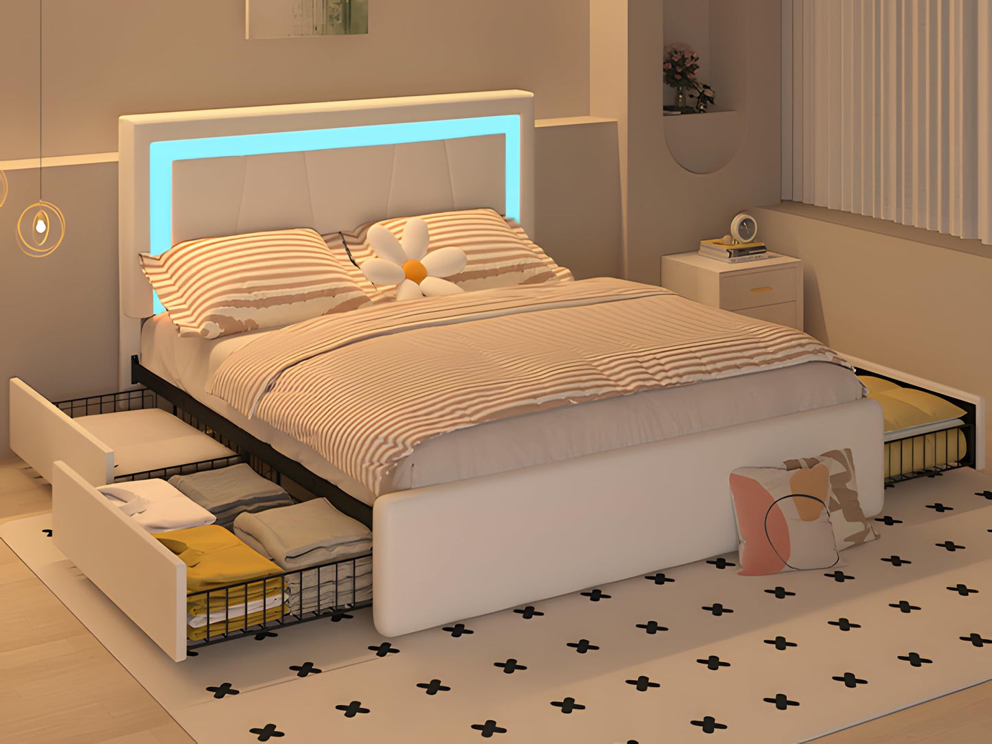 Forrise Queen Size Bed Frame with Adjustable Headboard, Upholstered Platform Bed with 4 Storage Drawers, Wooden Slats Support, Built in Charging Station & LED, Noise-Free, No Box Spring Needed, Beige