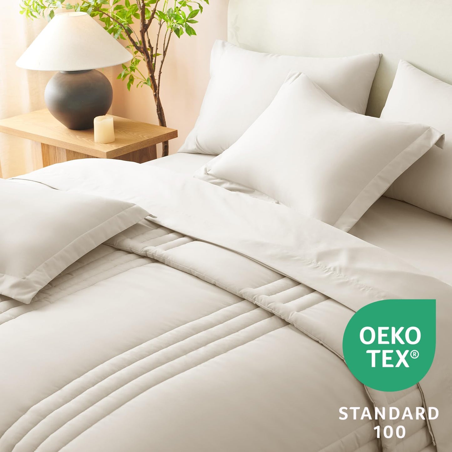 CozyLux Queen Comforter Set - 7 Pieces Bed in a Bag Beige Comforters Queen Size Bed Set, Soft Bedding Set with All Seasons Comforter, Sheets, Pillowcases & Shams