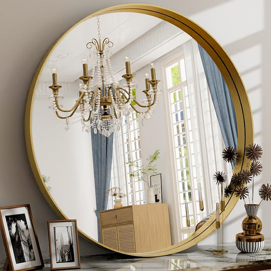 Easly 30 Inch Round Bathroom Mirror - Wall Mounted Circle Mirror with Metal Frame, Modern Mirror Suitable for Bathroom, Vanity, Entryway, Living Room, Wall Decor,Gold
