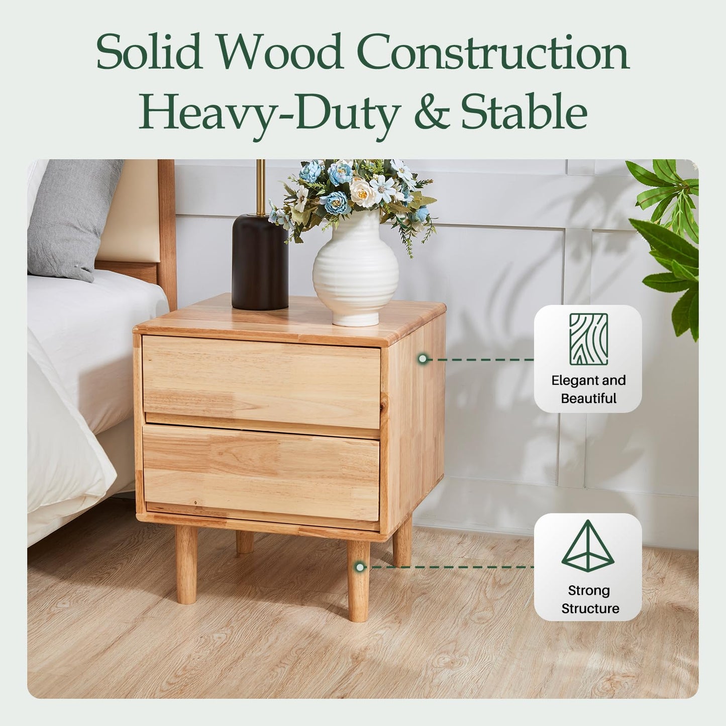 Small Solid Wood Nightstand with Drawers - Mid Century Modern 2 Drawer Wood Narrow Nightstand Side Bedside End Table with Storage for Living Room Bedroom Office, Natural, 15.7" D x 17.1" W x 19.6" H