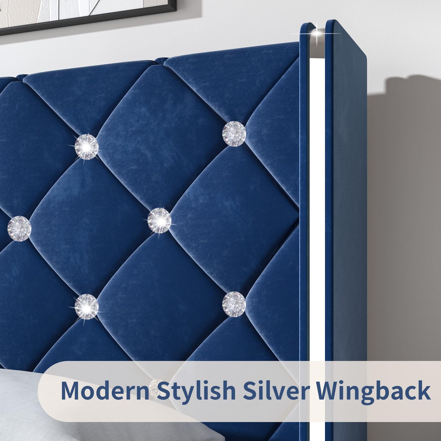 HOMBCK King Bed Frame with Headboard, Velvet Upholstered Bed with Diamond Tufted Design Design, Modern King Size Bed with Wingback, No Box Spring Needed, Easy Assembly, Blue