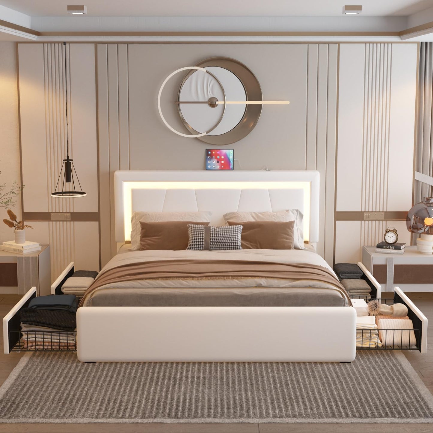 Forrise Queen Size Bed Frame with Adjustable Headboard, Upholstered Platform Bed with 4 Storage Drawers, Wooden Slats Support, Built in Charging Station & LED, Noise-Free, No Box Spring Needed, Beige