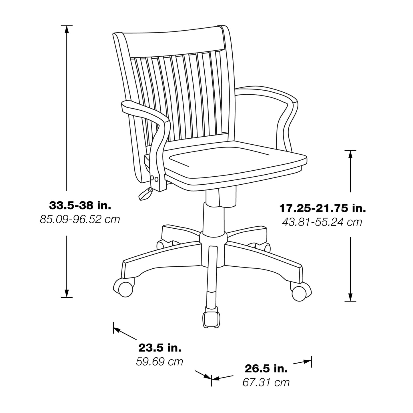 OSP Home Furnishings Deluxe Wood Banker's Desk Chair with Padded Seat, Adjustable Height and Locking Tilt, Fruitwood Finish and Black Vinyl