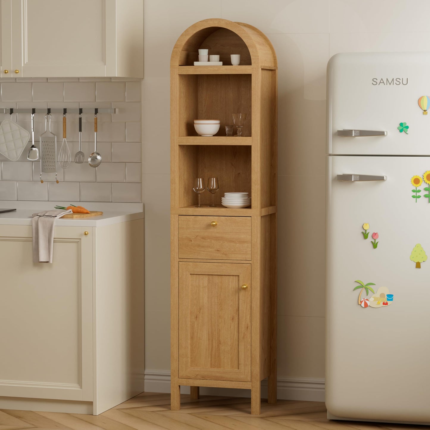 MoomJiee 67" Tall Arched Bathroom Storage Cabinet, 5 Tiers Arch Kitchen Pantry Cabinet with 1 Door and 1 Drawer, Farmhouse Arched Bookcase with 2 Adjustable Shelves for Bathroom, Kitchen, Natural Oak
