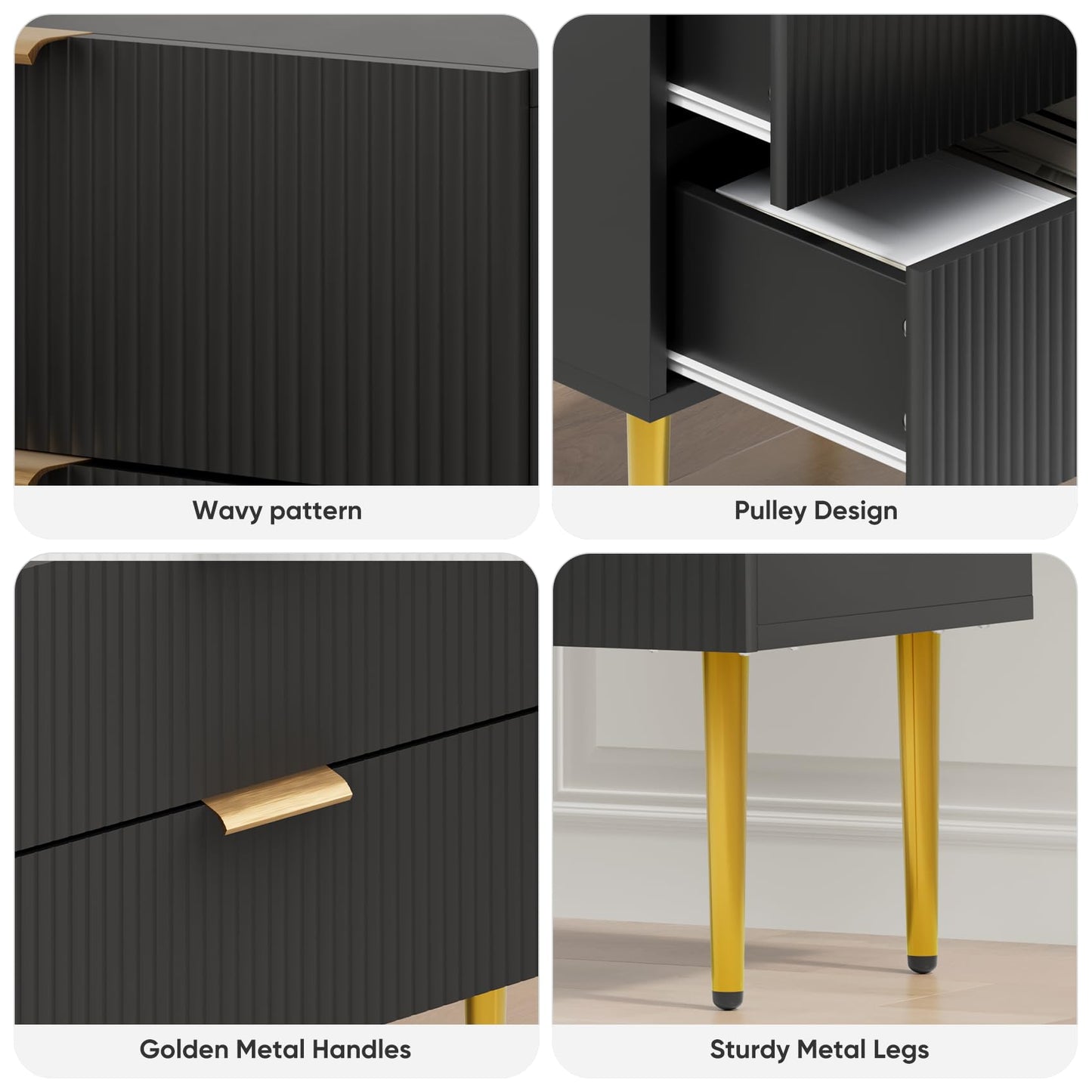Night Stand, Black and Gold Nightstand with Fluted Panel, Bedside Table with 2 Drawer, Large Mid Century Modern Nightstand with Gold Leg, End Tables for Bedroom