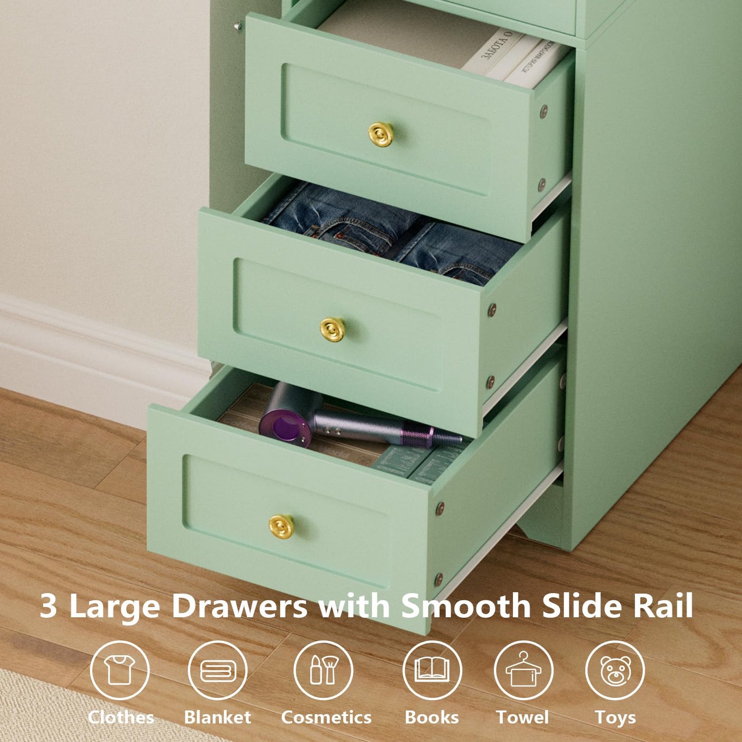 JanflyHome Armoire Wardrobe Closet, 69.5" H Wood Bedroom Armoires Cabinet with Mirror Door and 3 Drawers, Green Clothing Storage Cabinet with Hanging Rod & Sensor Light for Bedroom-Left