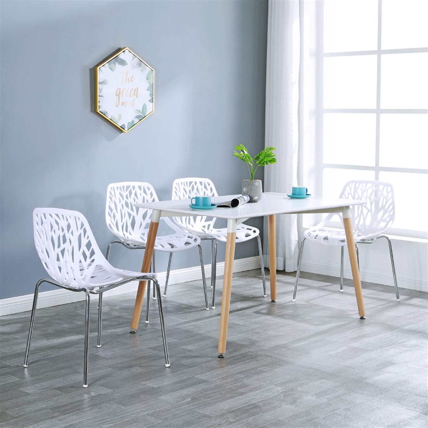 Karl home Mid Century Modern Dining Chairs Set of 4, Stackable Plastic Chair, Bird's Nest Trunk Pattern Suitable for Kitchen, Dining, Bedroom, Living Room,350lbs Capacity(White)