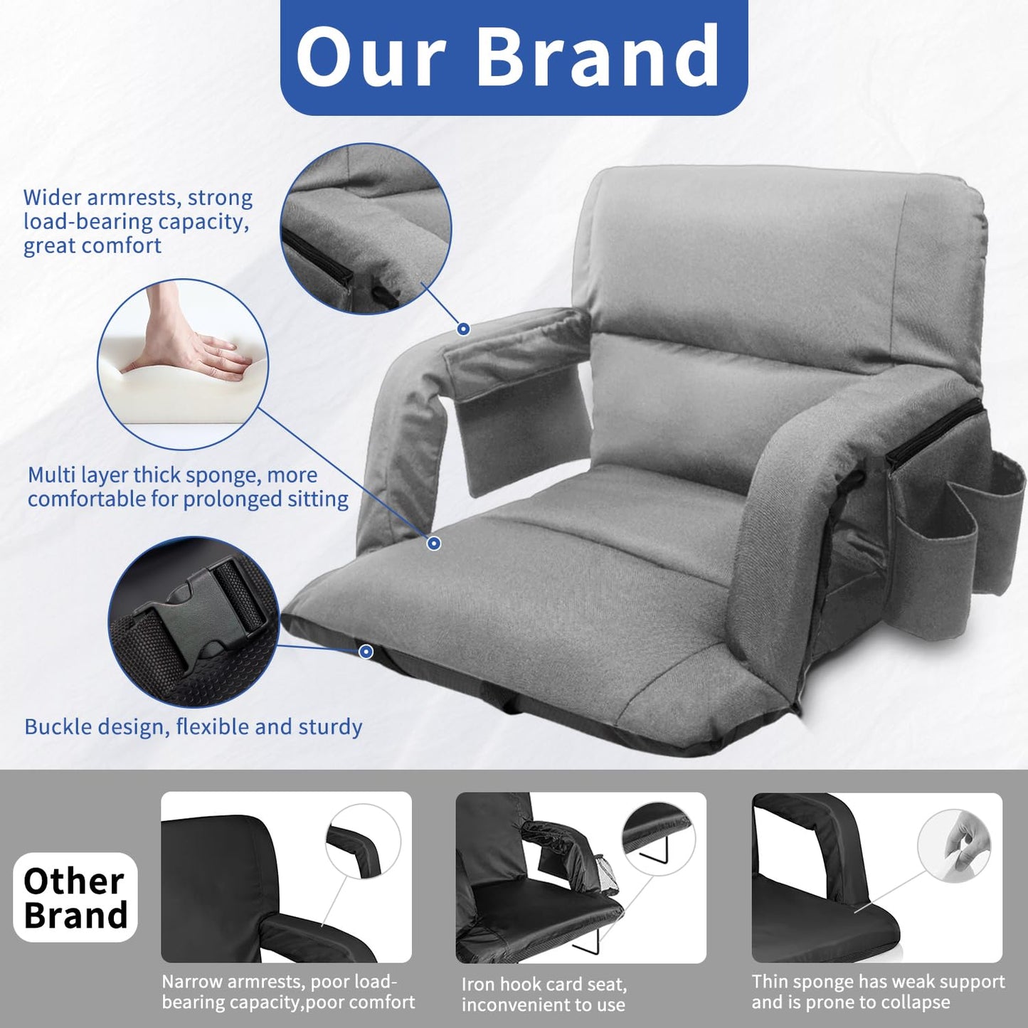Stadium Seats with Back Support,Wide Stadium Chairs with Back and Cushion, Sofa Style Bleacher Chairs, 6 Reclining Positions, Extra Thick Bleacher Seat for Sports Events (Grey-1 Pack,Wide|22.5")