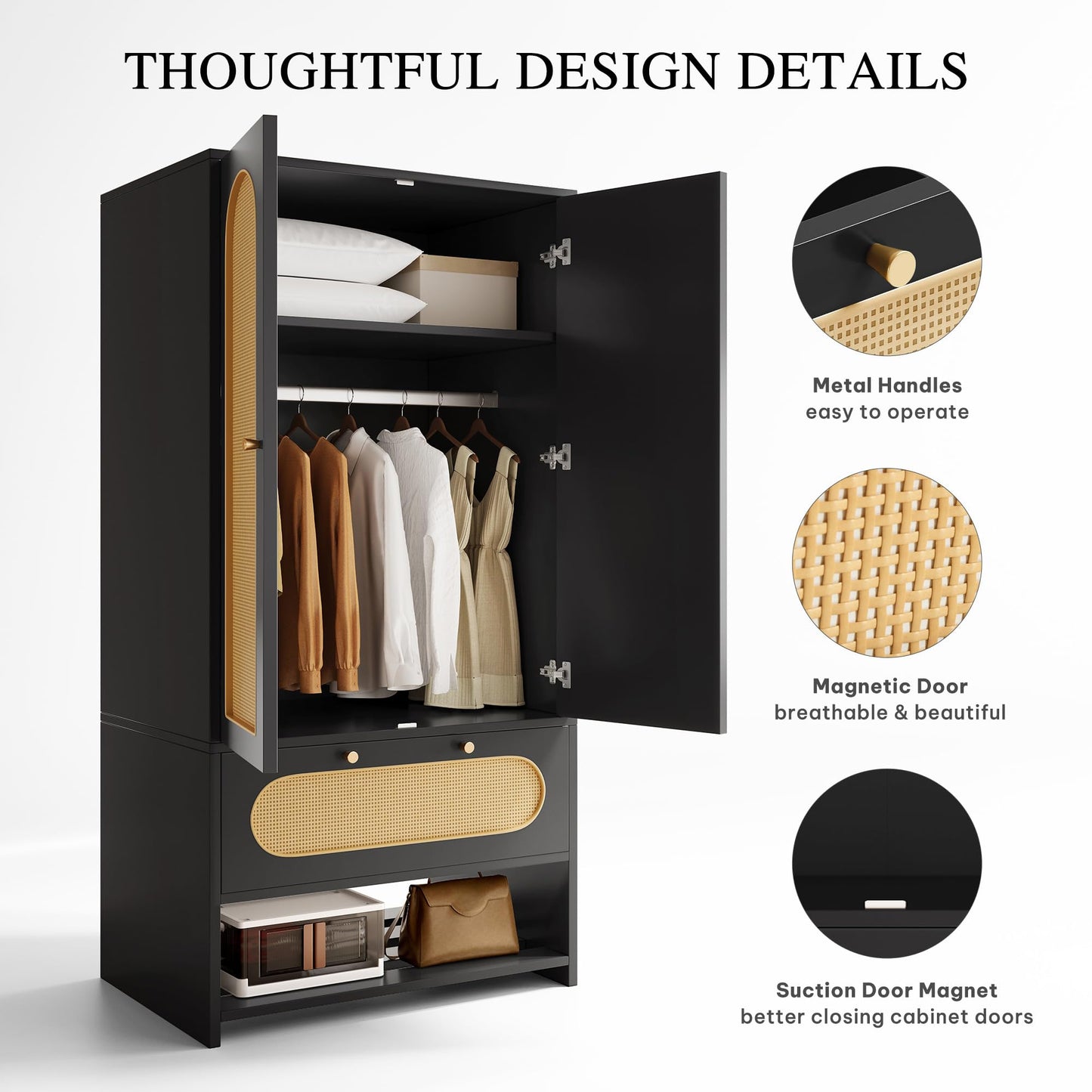 DWVO Rattan Armoire Wardrobe Closet - 70" Tall Rattan Closet with Doors, Large Storage Cabinet with Drawers & Hanging Rod - Black