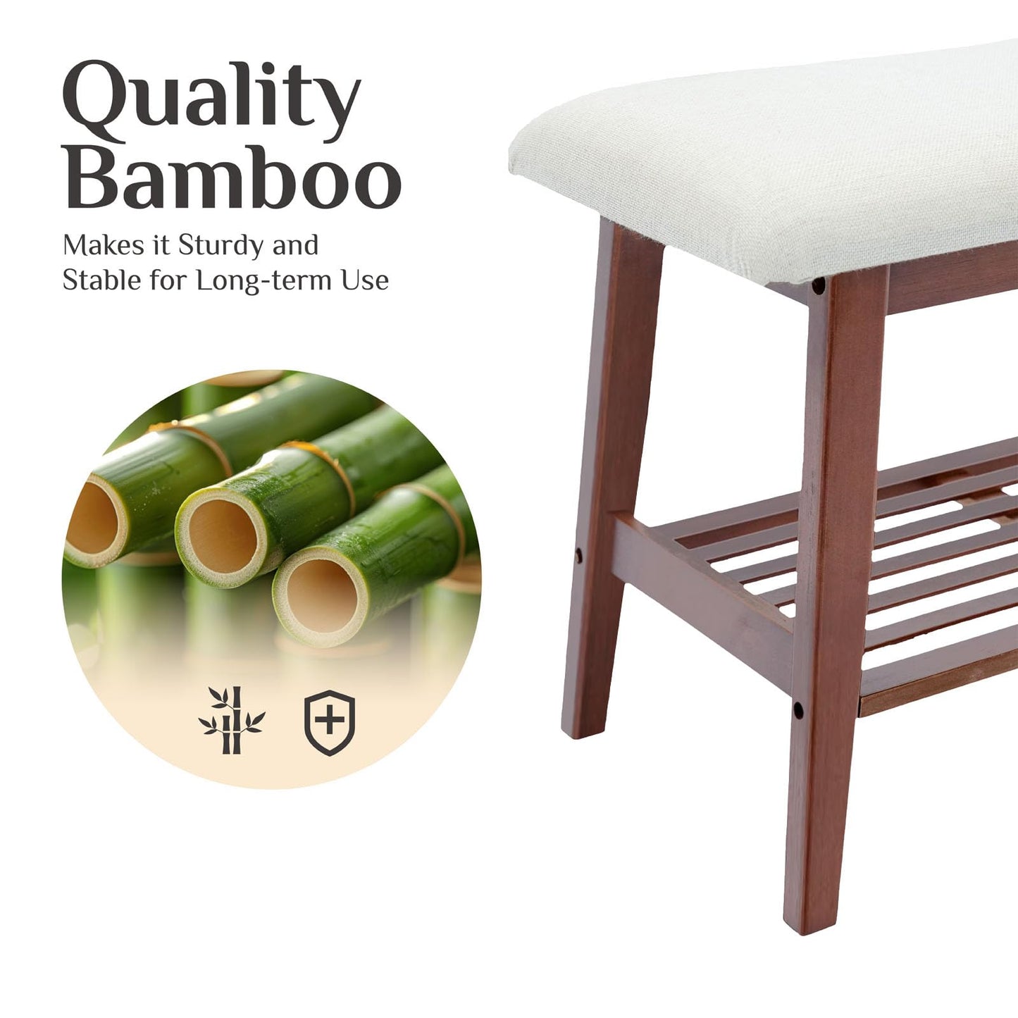 oakvivo Entryway Shoe Bench, 35.4" Bamboo Bench for Bedroom End of Bed, 2-Tier Shoe Rack with Cushion Padded Seat, Shoe Organizer Stable for Entry Hallway Living Room Bedroom, 35.4"W x11.2"D x 17.7"H