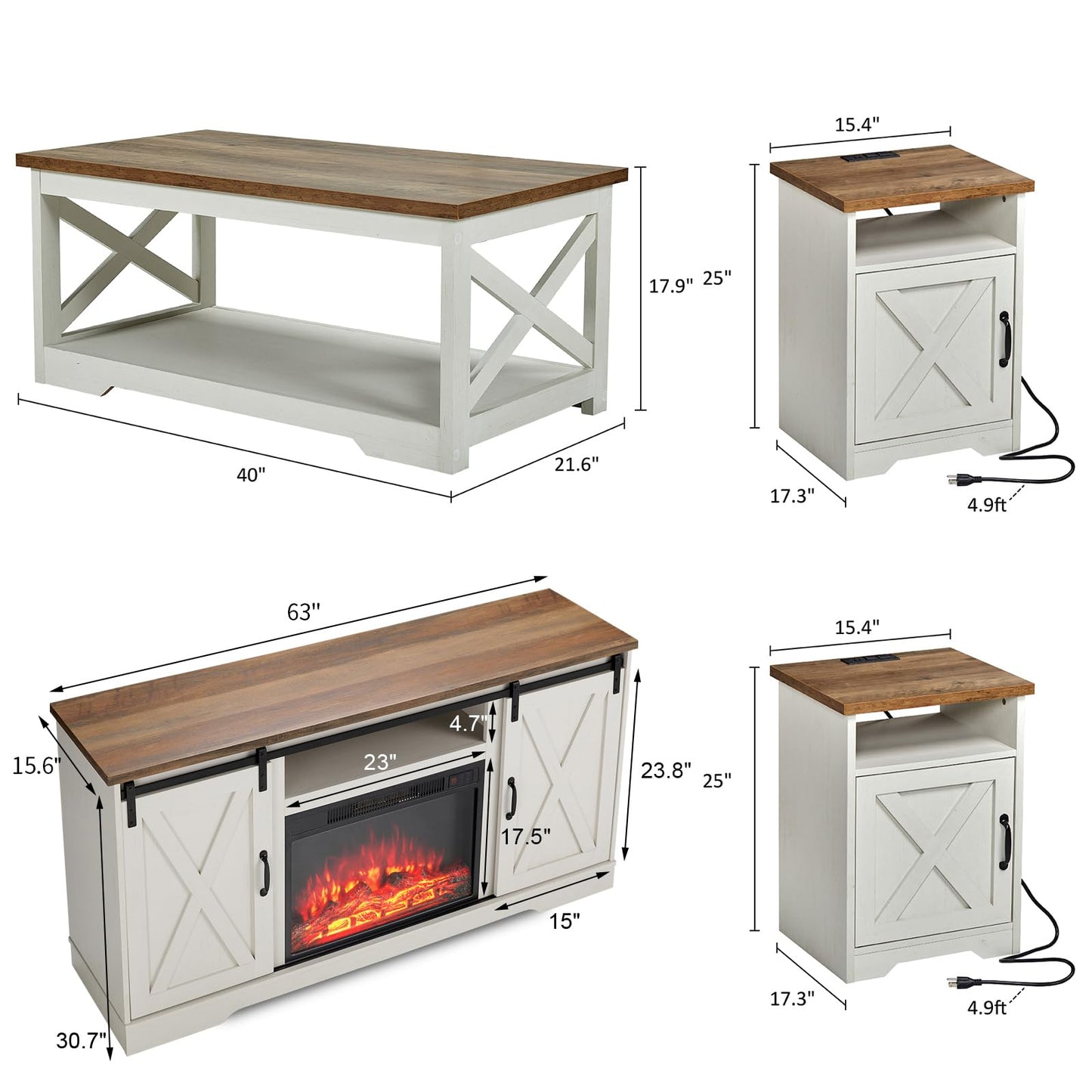 AMERLIFE 5-Piece Farmhouse Table Set Includes Fireplace TV Stand, Coffee Table& Two End Tables with Charging Station and USB Ports, for Living Room, Distressed White, 63"