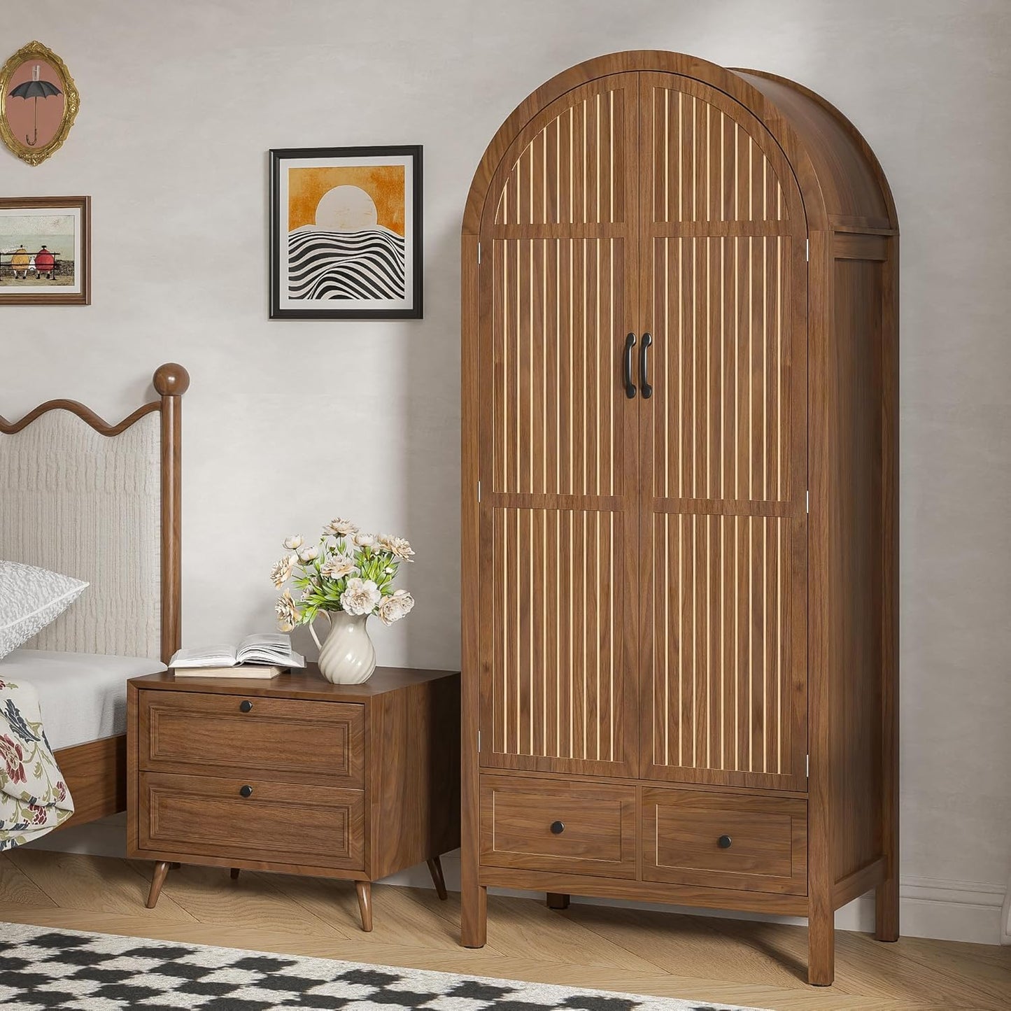 Lxsxlome Wardrobe Closet, Modern Armoire Wardrobe Closet with Drawers and 2 Arched Fluted Doors, 70.87‘’ Tall Wooden Bedroom Armoires with Shelves and Hanging Rod (1, Walnut,17.71''D)