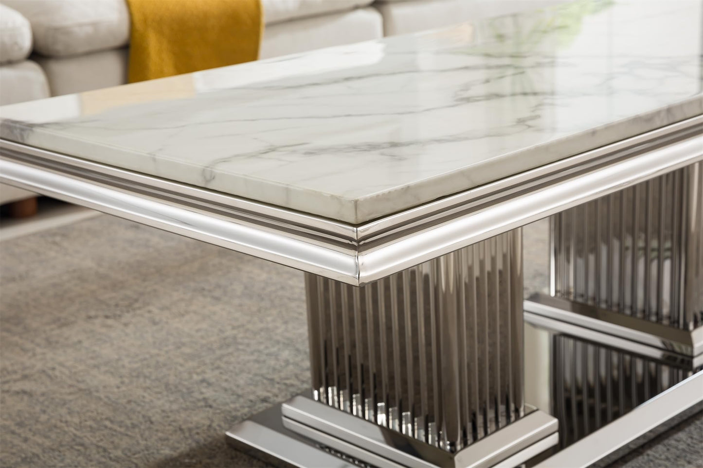 SSLine Modern 1 Piece Living Room Coffee Table Luxury Faux Marble Coffee Table with II-Shape Stainless Steel Base for Living Room Bedroom Home Office, Only 1 Coffee Table,White Marble& Silver