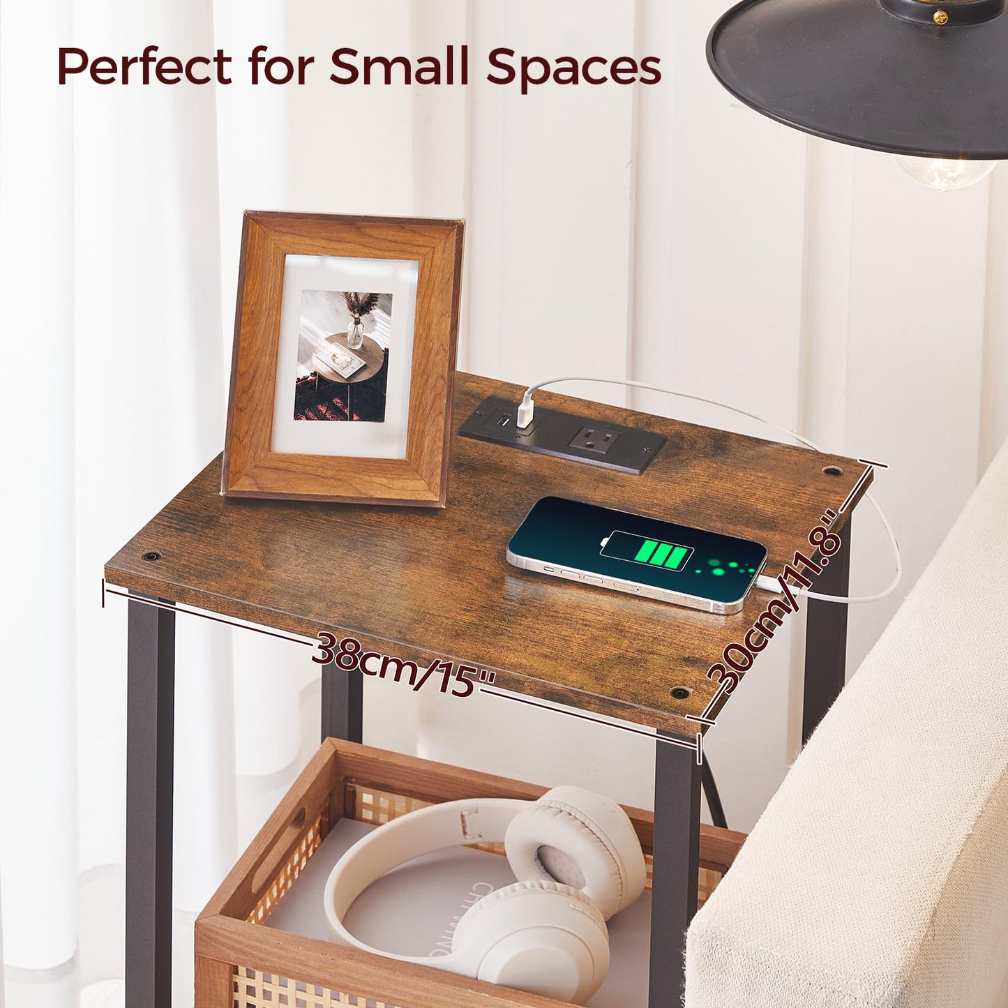 MAHANCRIS Side Table Set of 2, End Table with Charging Station, Nightstand with USB Ports and Outlet, Wooden Bedside Table for Small Space,Living Room, Bedroom, Easy Assembly, Rustic Brown ETHR79E01S2