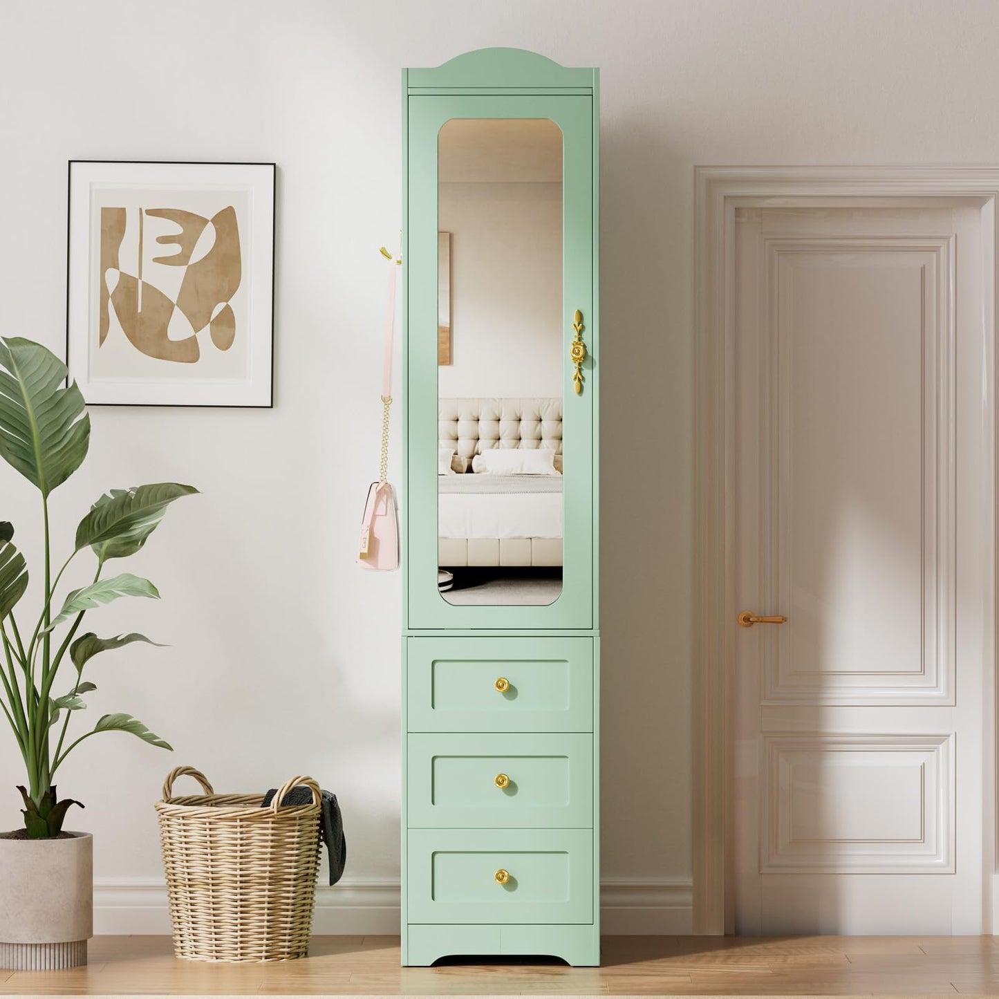JanflyHome Armoire Wardrobe Closet, 69.5" H Wood Bedroom Armoires Cabinet with Mirror Door and 3 Drawers, Green Clothing Storage Cabinet with Hanging Rod & Sensor Light for Bedroom-Left