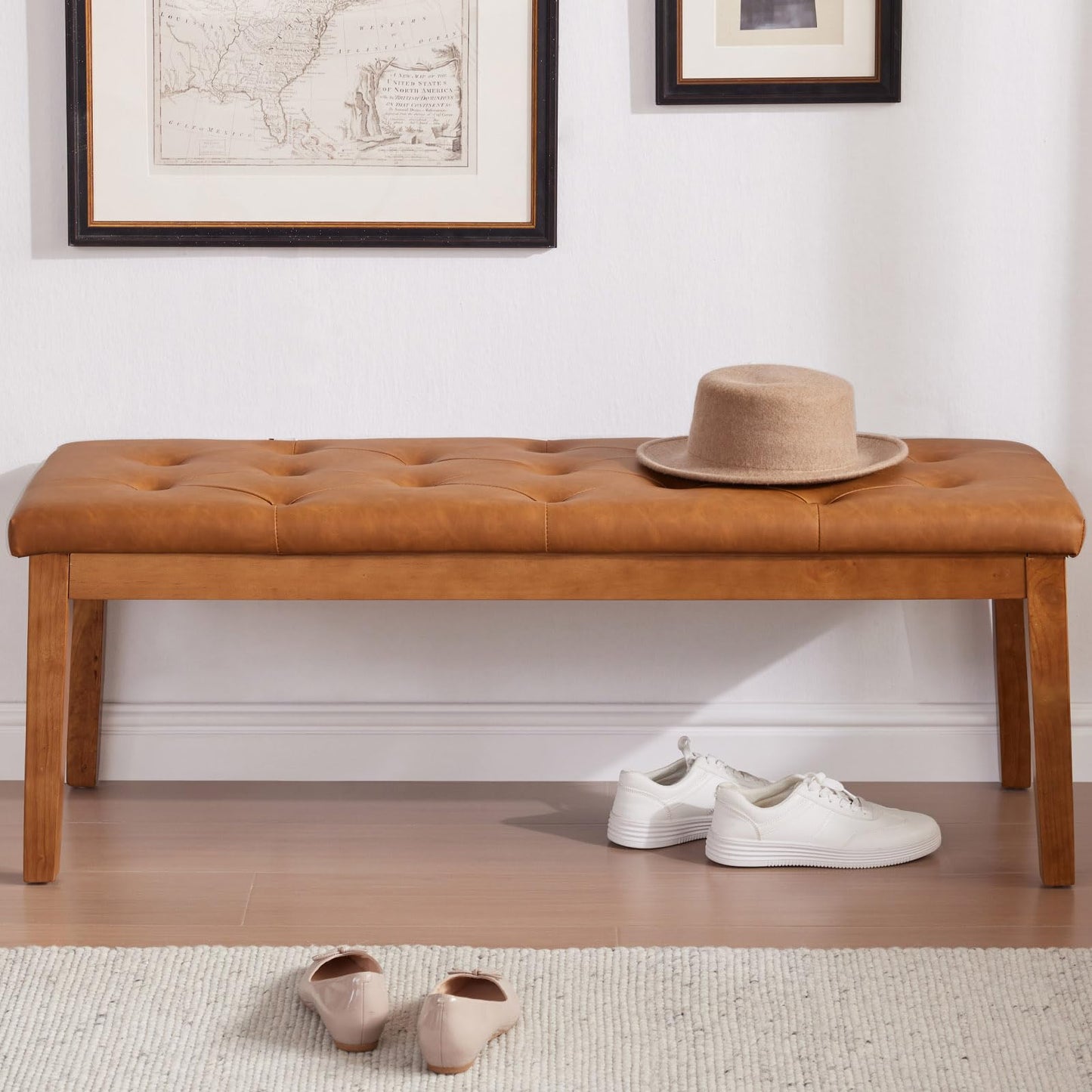MILCIL Ottoman Bench Upholstered Padded Seat with Solid Wood Legs and Button-Tufted, Big Oversized Ottoman, Faux Leather Cognac Brown