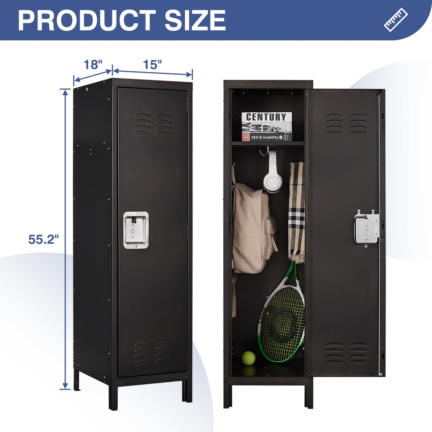 Anxxsu Metal Storage Locker, Lockable Employees Metal Locker with Door, 55" Height Steel Locker for Home, School, Office, Gym (Retro Black)
