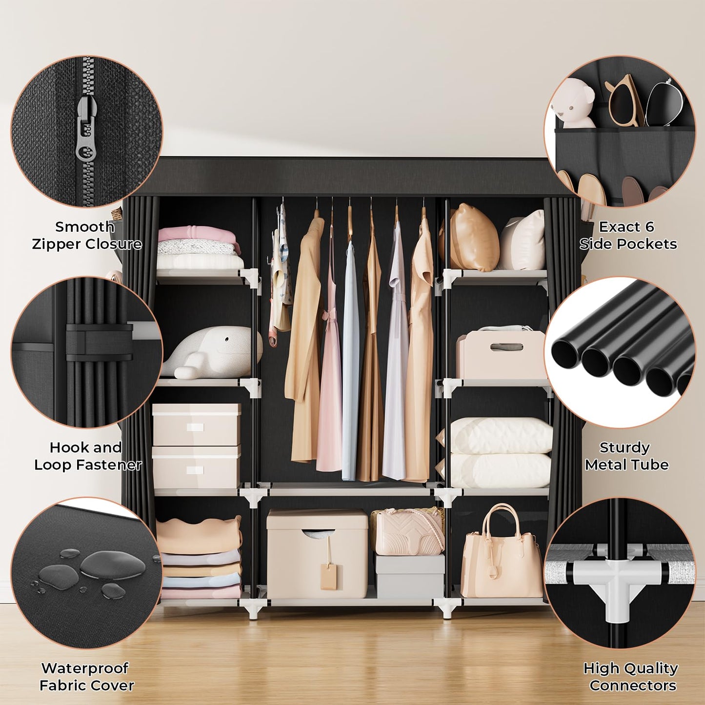 VTRIN Portable Closet Wardrobe for Hanging Clothes 57.3 Inch Large Capacity Clothes Rack with Cover, 10 Storage Organizer Shelves, 1 Hanging Rods and 6 Pockets, Free Standing Closet for Bedroom, Black