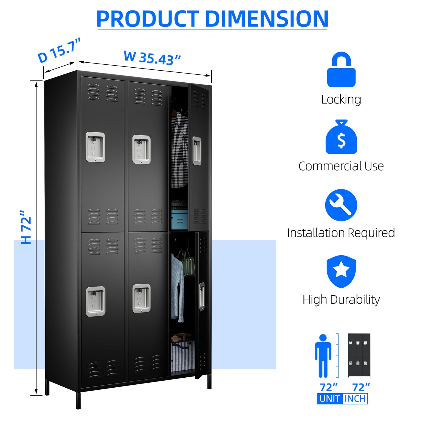Aobabo Metal Locker for Employees, 6 Doors Metal Locker Cabinet with Lock, Industrial Storage with 18 Hooks, Storage for Office Gym, Dormitory, Assembly Required, Black