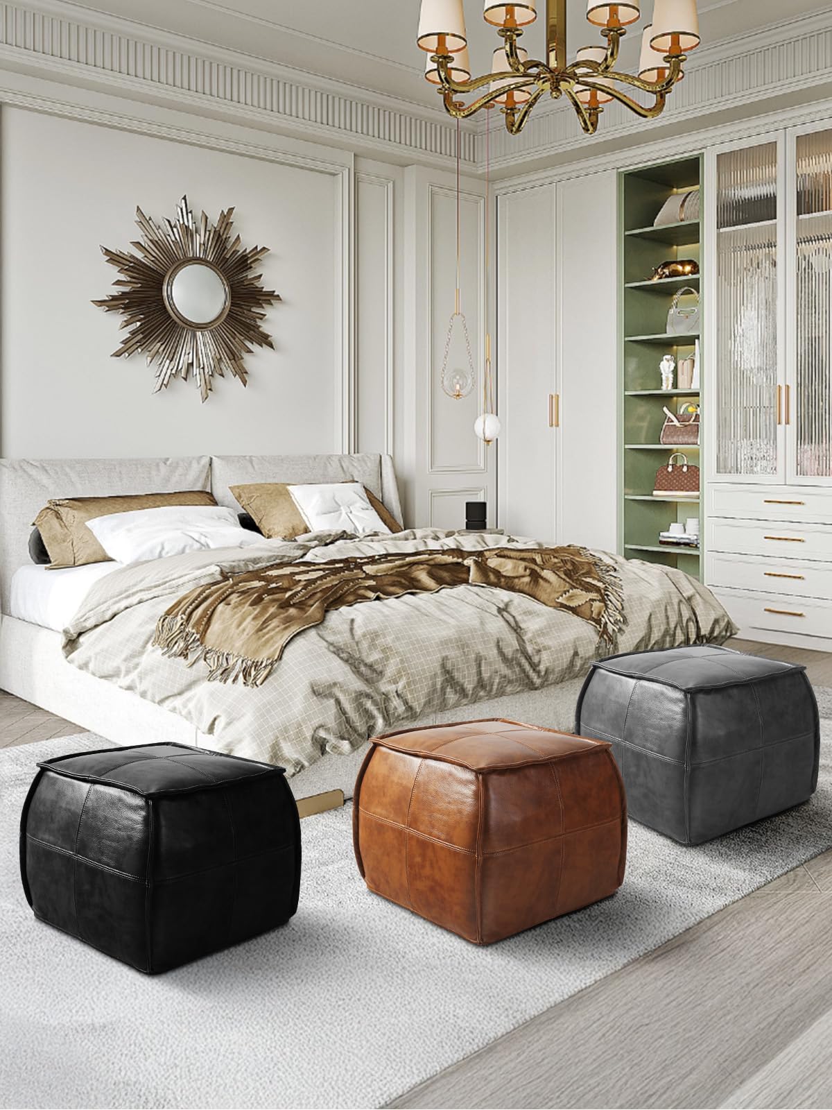 Couchus Genuine Leather Square Pouf Ottoman Footstool for Living Room, Bedroom, Indoor (Brown)