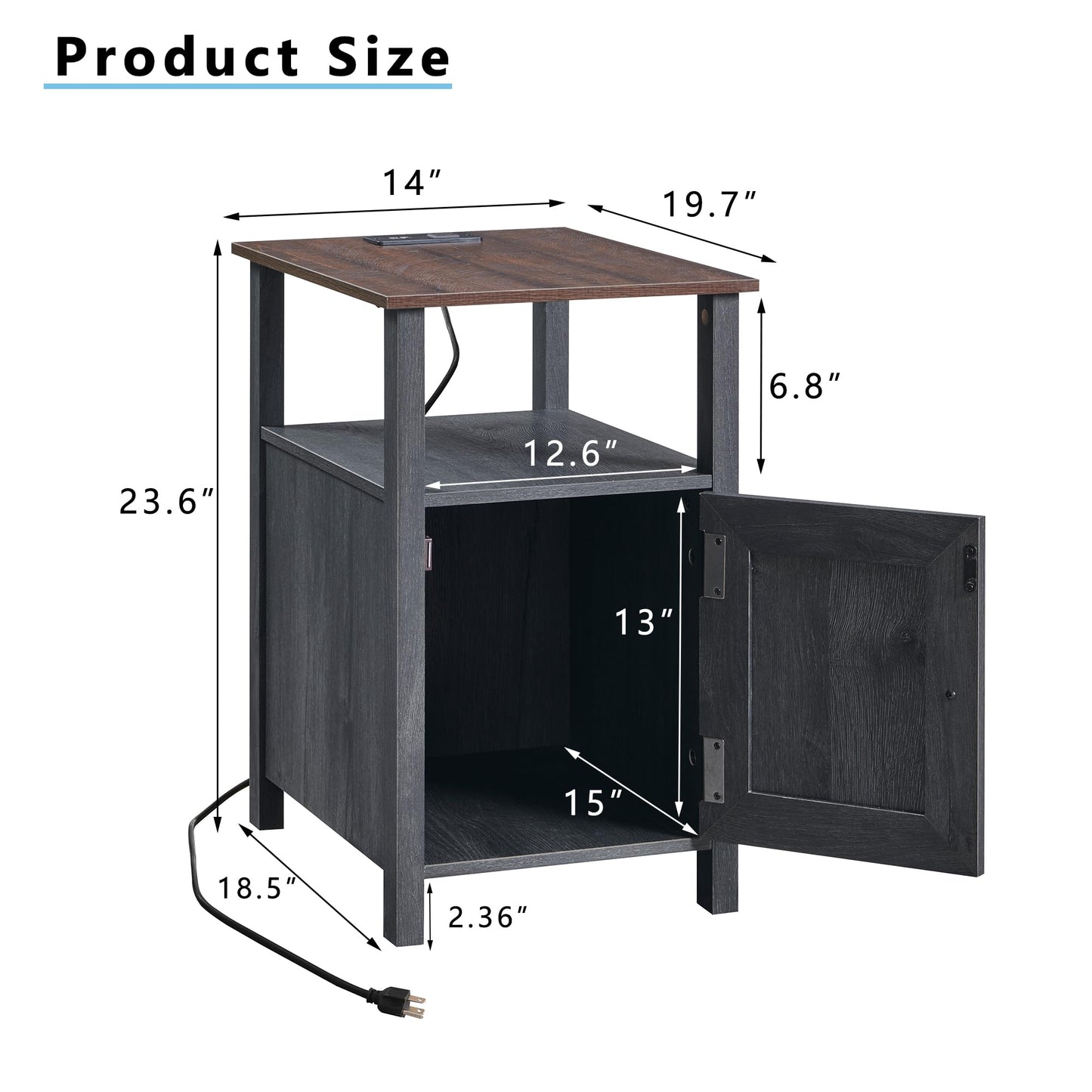IFGET Farmhouse Nightstand Set of 2, End Table with Charging Station, Rustic Side Table w/Barn Door & Open Shelves, Bedside Table w/Storage Space and Storage Cabinet for Bedroom, Living Room Dark Grey