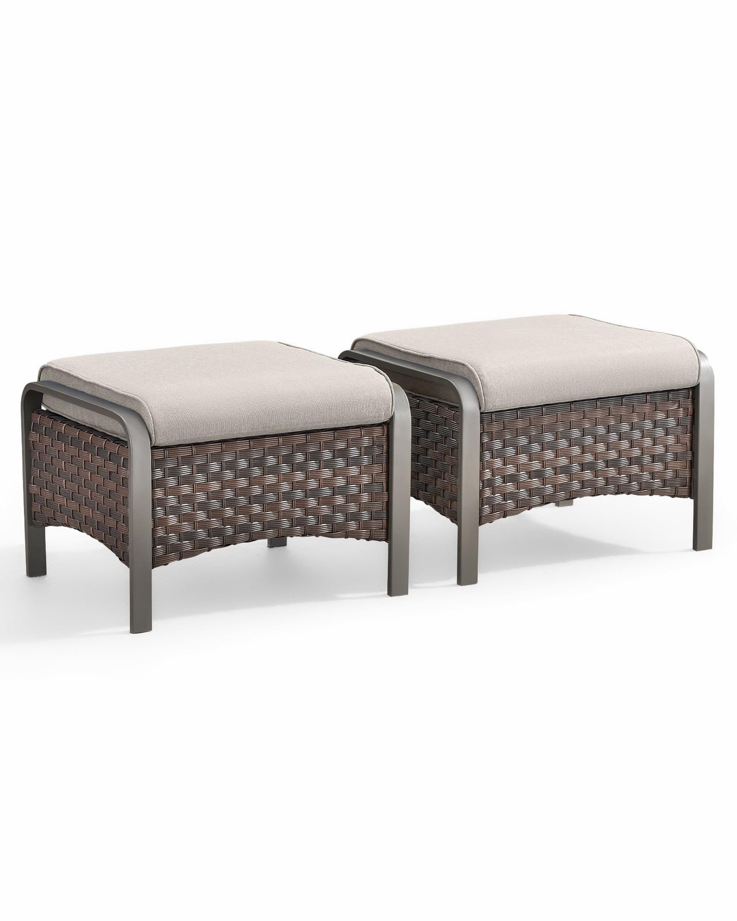 HUMMUH 2 Pieces Outdoor Wicker Ottomans-Outdoor Patio Ottoman with Removable Cushion Outdoor Footstool for Deck Lawn Porch Garden Backyard-Brown/Beige